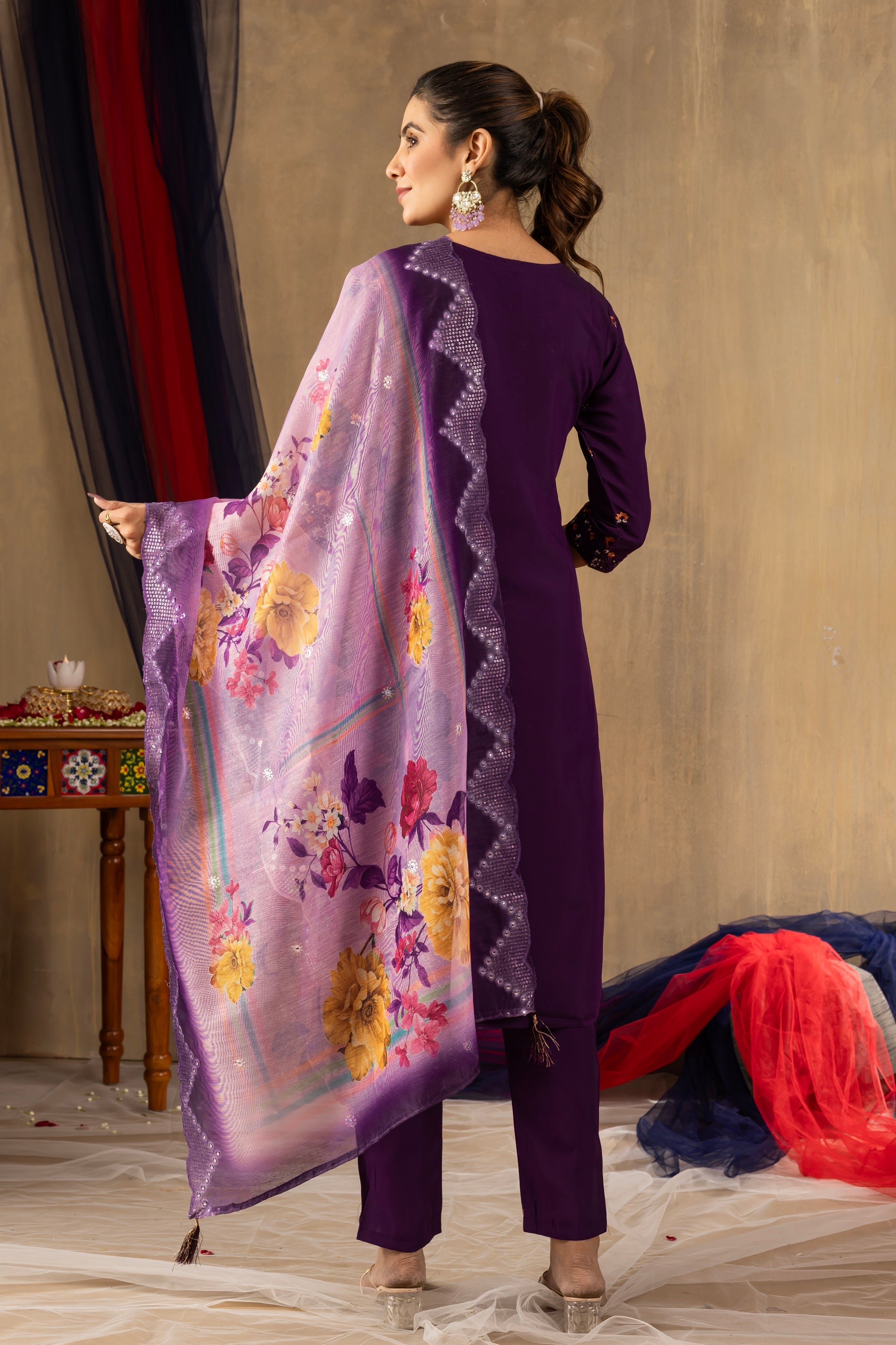 Vedant Vastram Roman Silk Embroidery & Sequence Work Stitched Kurta Pant Dupatta Set-Purple