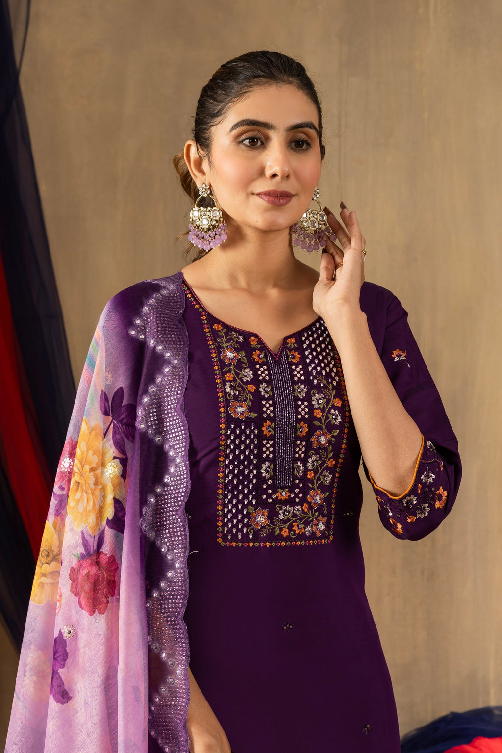 Vedant Vastram Roman Silk Embroidery & Sequence Work Stitched Kurta Pant Dupatta Set-Purple