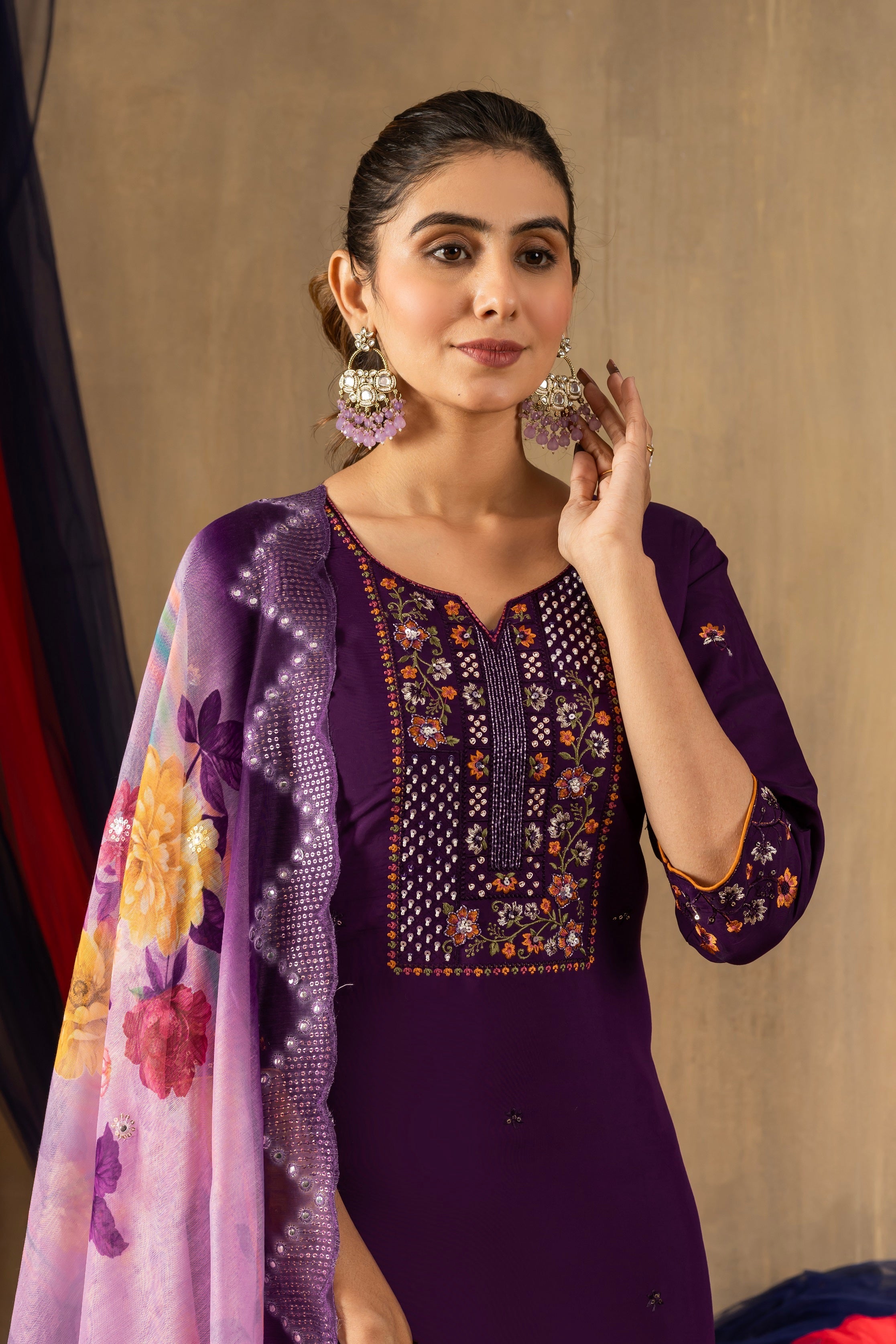 Vedant Vastram Roman Silk Embroidery & Sequence Work Stitched Kurta Pant Dupatta Set-Purple