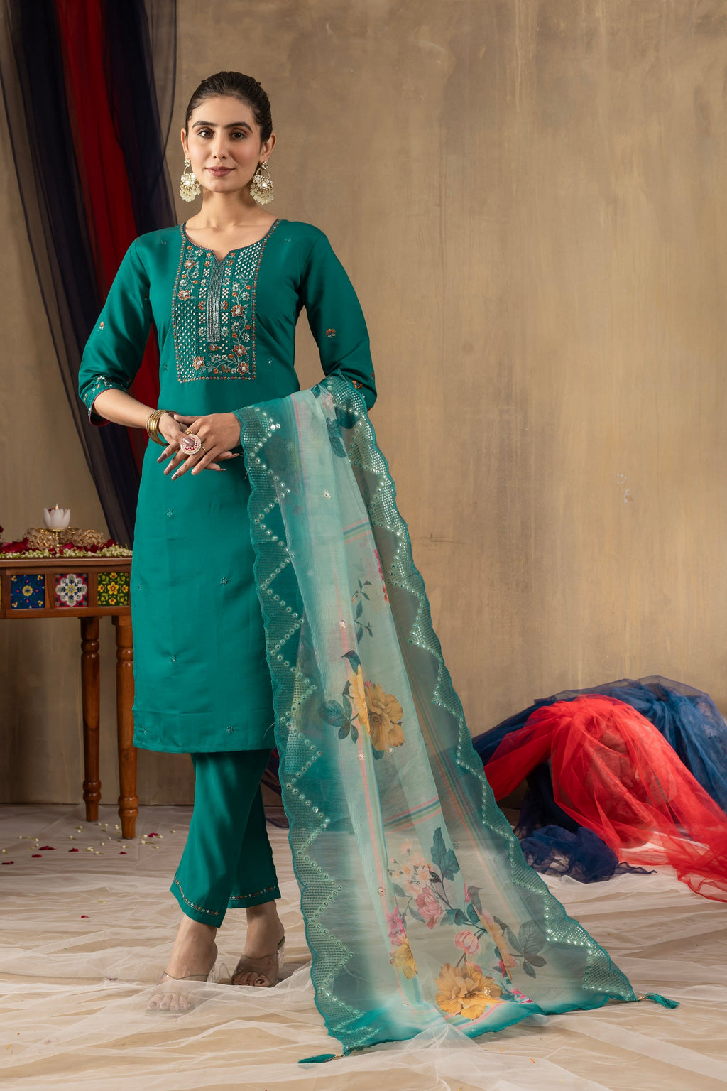 Vedant Vastram Roman Silk Embroidery & Sequence Work Stitched Kurta Pant Dupatta Set-Rama