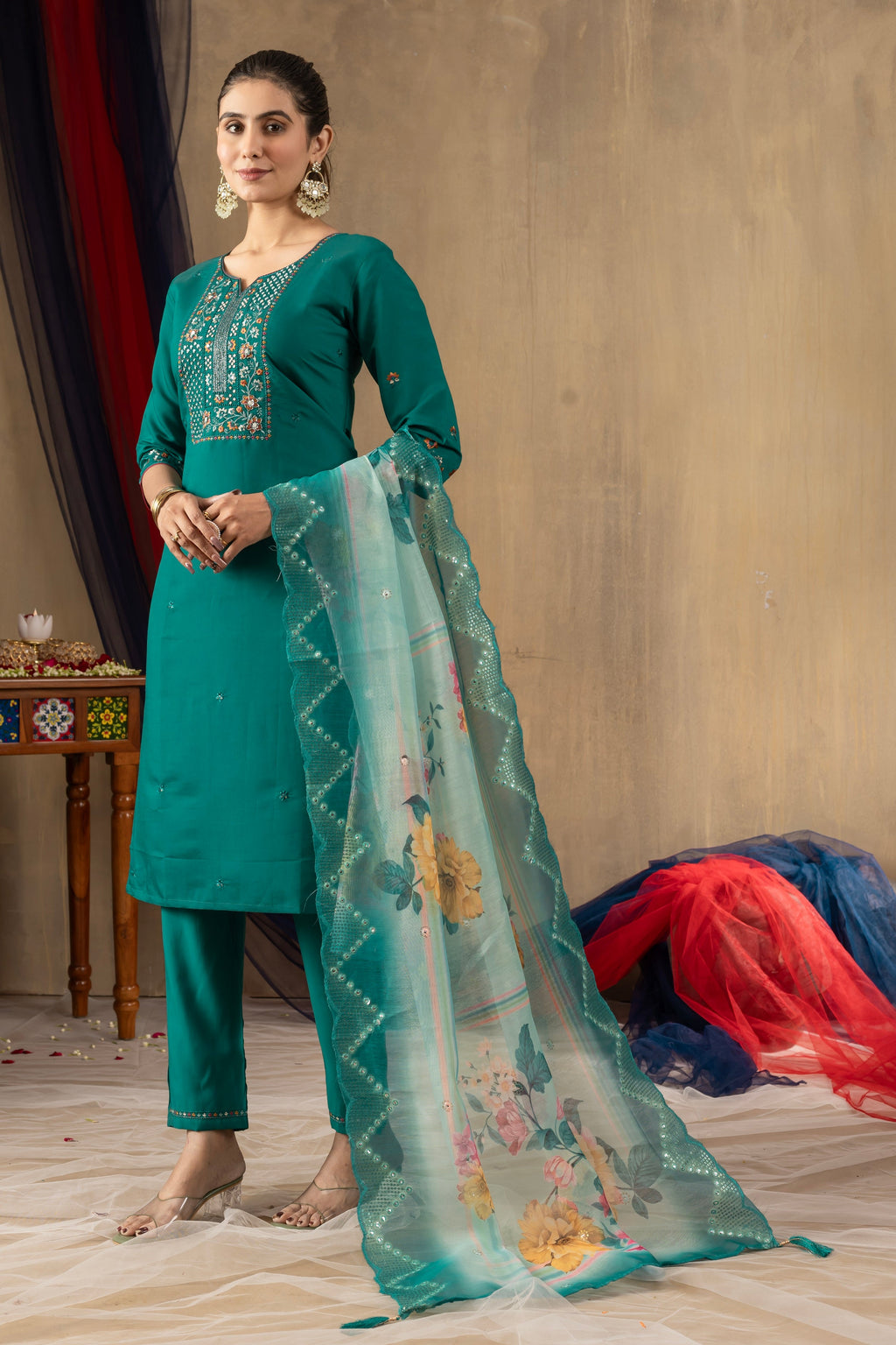 Vedant Vastram Roman Silk Embroidery & Sequence Work Stitched Kurta Pant Dupatta Set-Rama