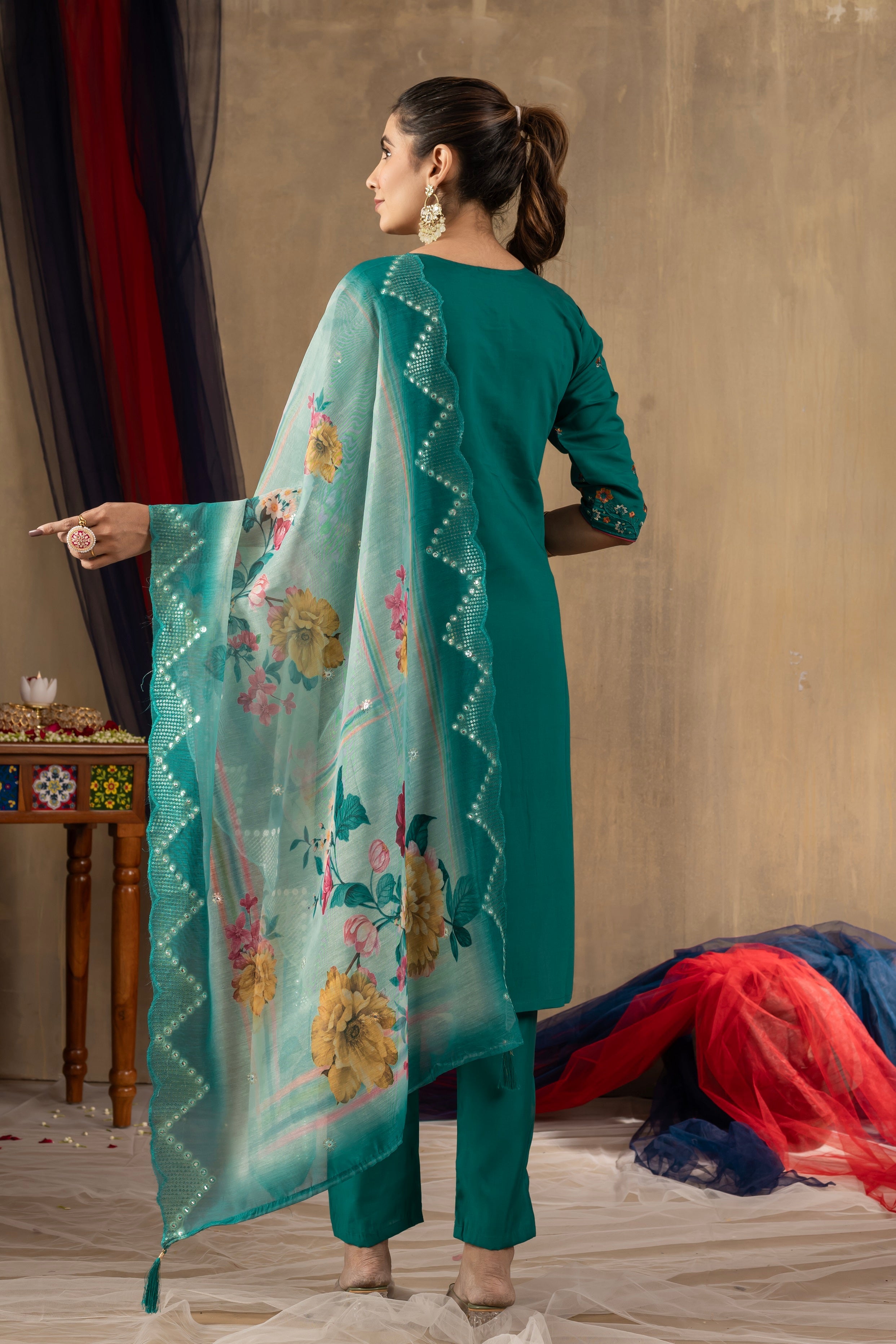 Vedant Vastram Roman Silk Embroidery & Sequence Work Stitched Kurta Pant Dupatta Set-Rama