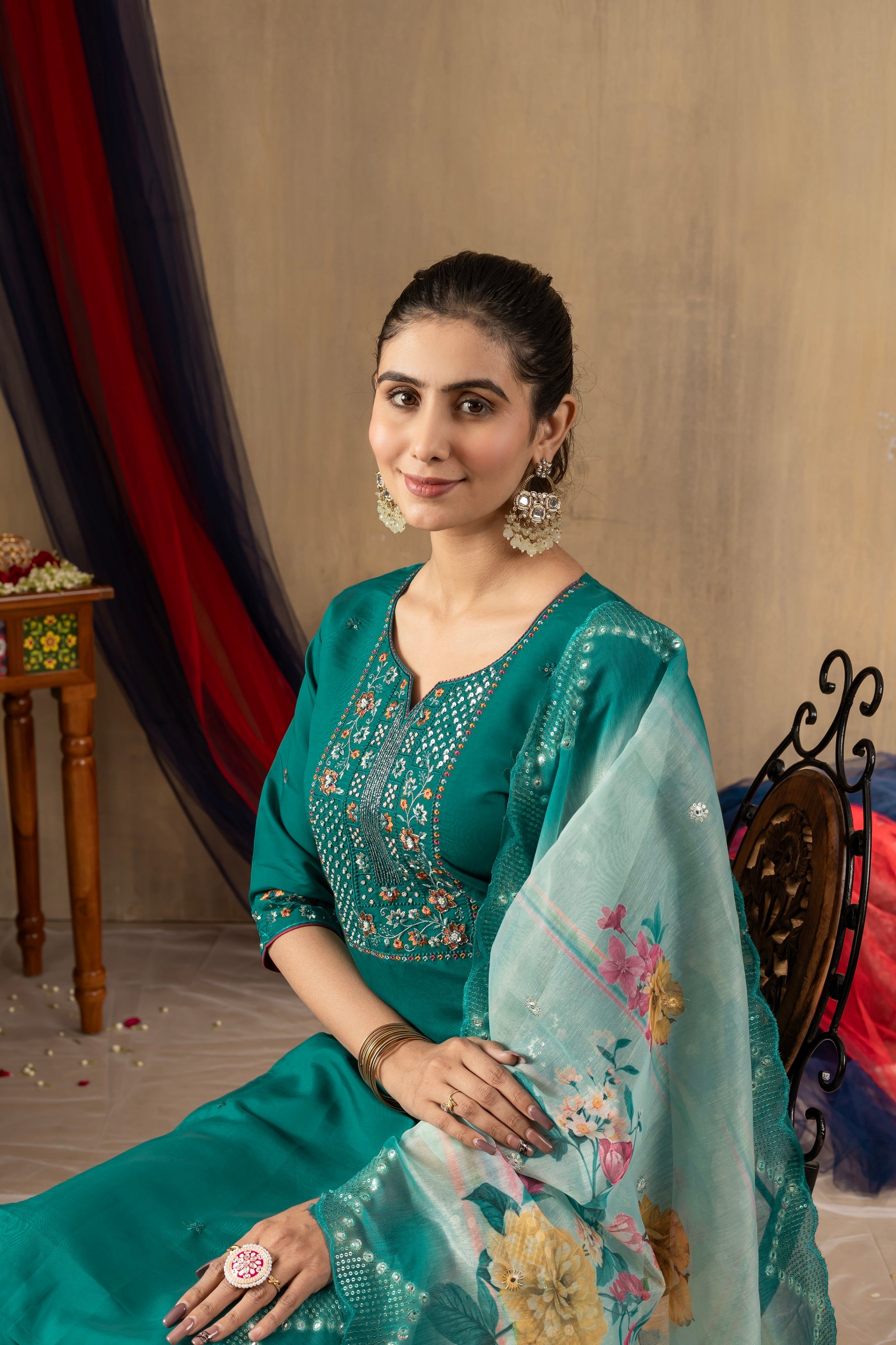 Vedant Vastram Roman Silk Embroidery & Sequence Work Stitched Kurta Pant Dupatta Set-Rama