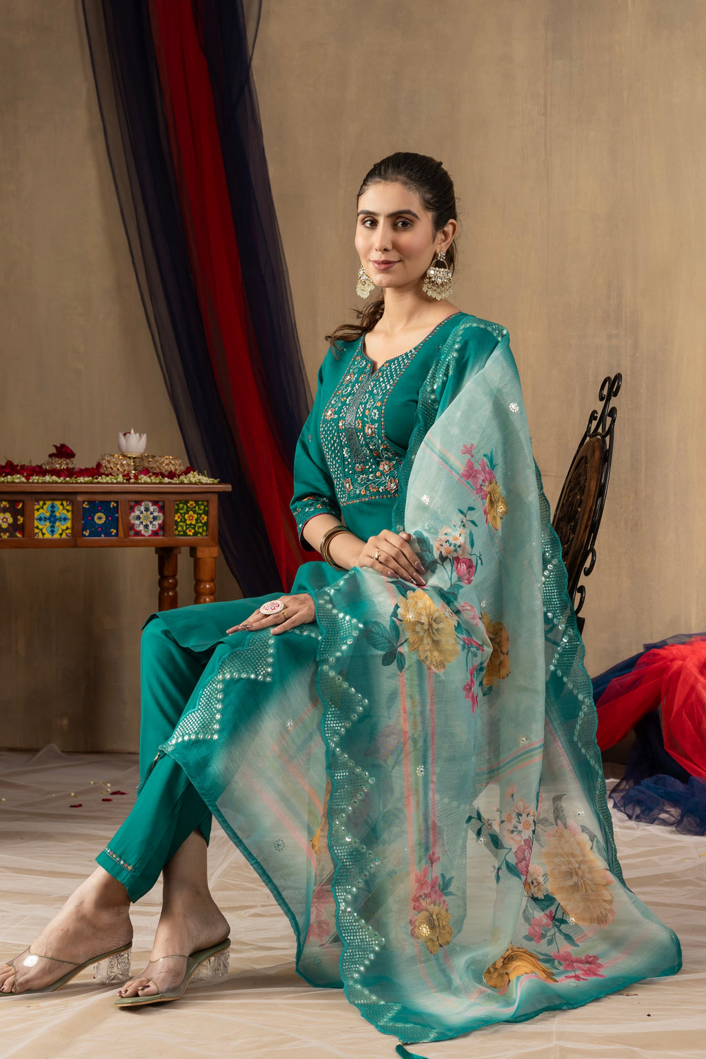 Vedant Vastram Roman Silk Embroidery & Sequence Work Stitched Kurta Pant Dupatta Set-Rama