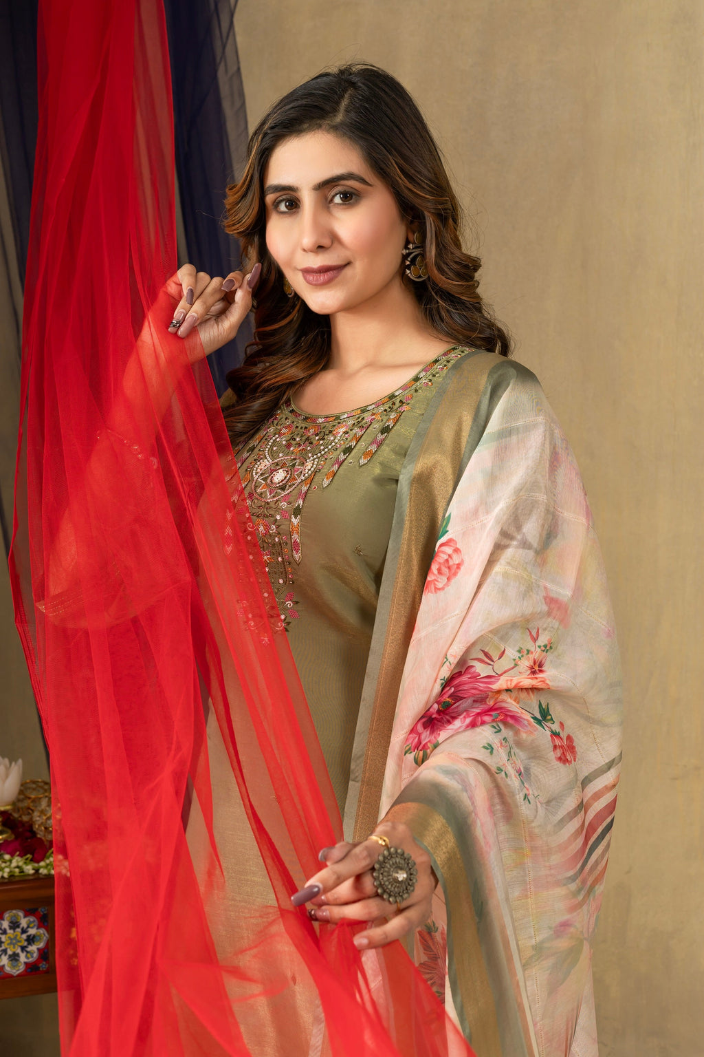 Vedant Vastram Simmer Silk Hand Work & Embroidery Work Stitched Kurta Pant Dupatta Set-Green