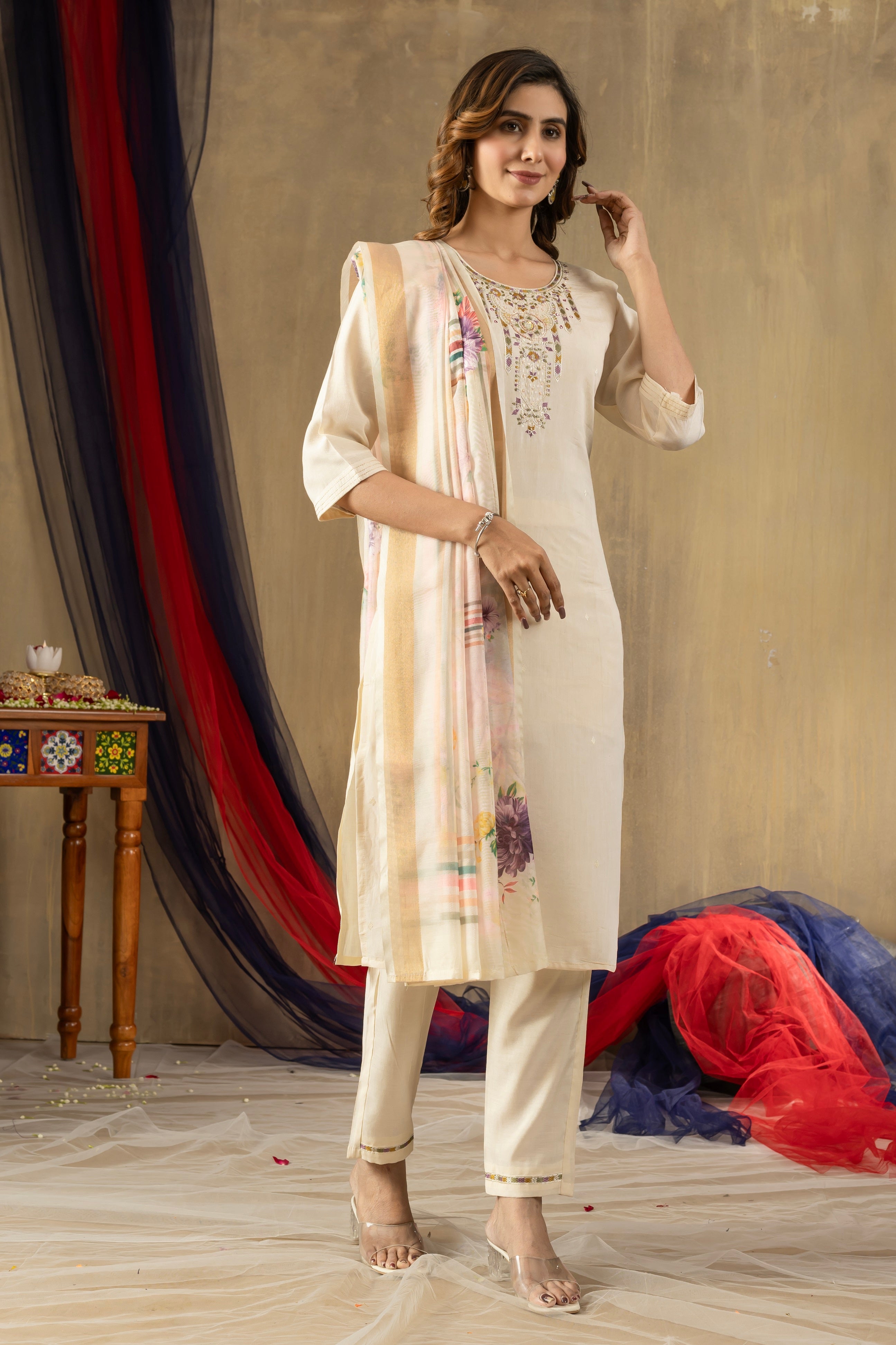 Vedant Vastram Simmer Silk Hand Work & Embroidery Work Stitched Kurta Pant Dupatta Set-Off White