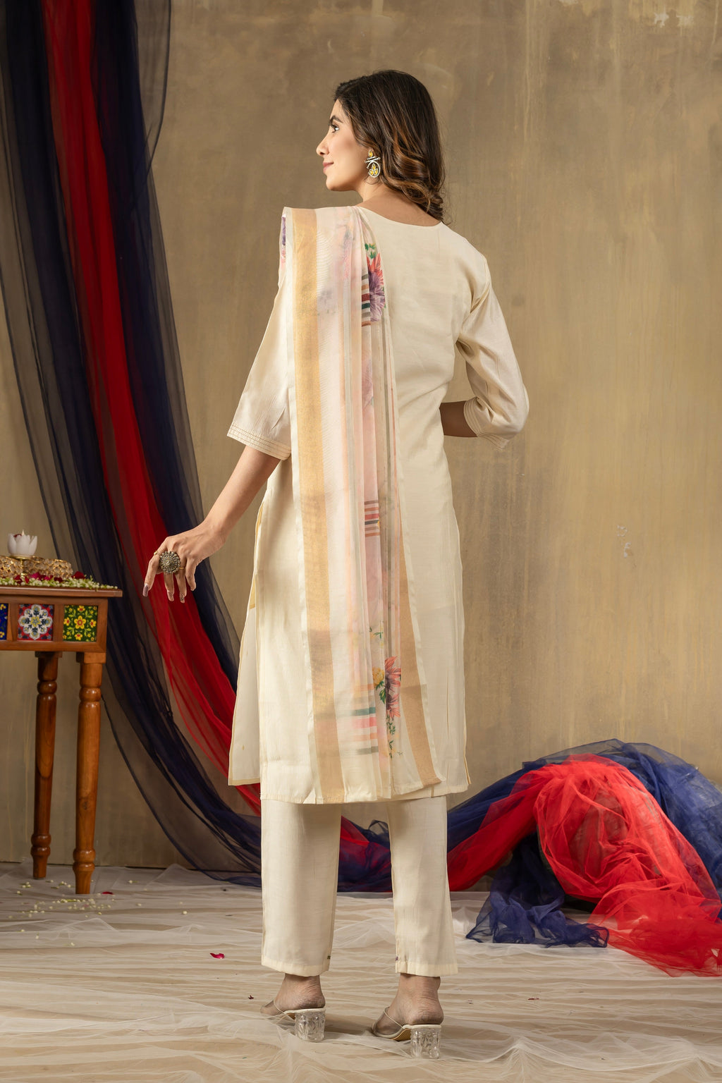 Vedant Vastram Simmer Silk Hand Work & Embroidery Work Stitched Kurta Pant Dupatta Set-Off White