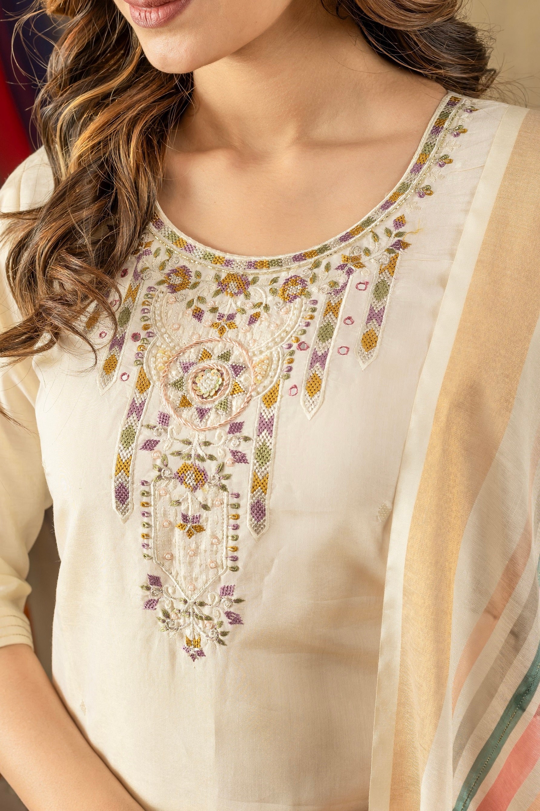 Vedant Vastram Simmer Silk Hand Work & Embroidery Work Stitched Kurta Pant Dupatta Set-Off White