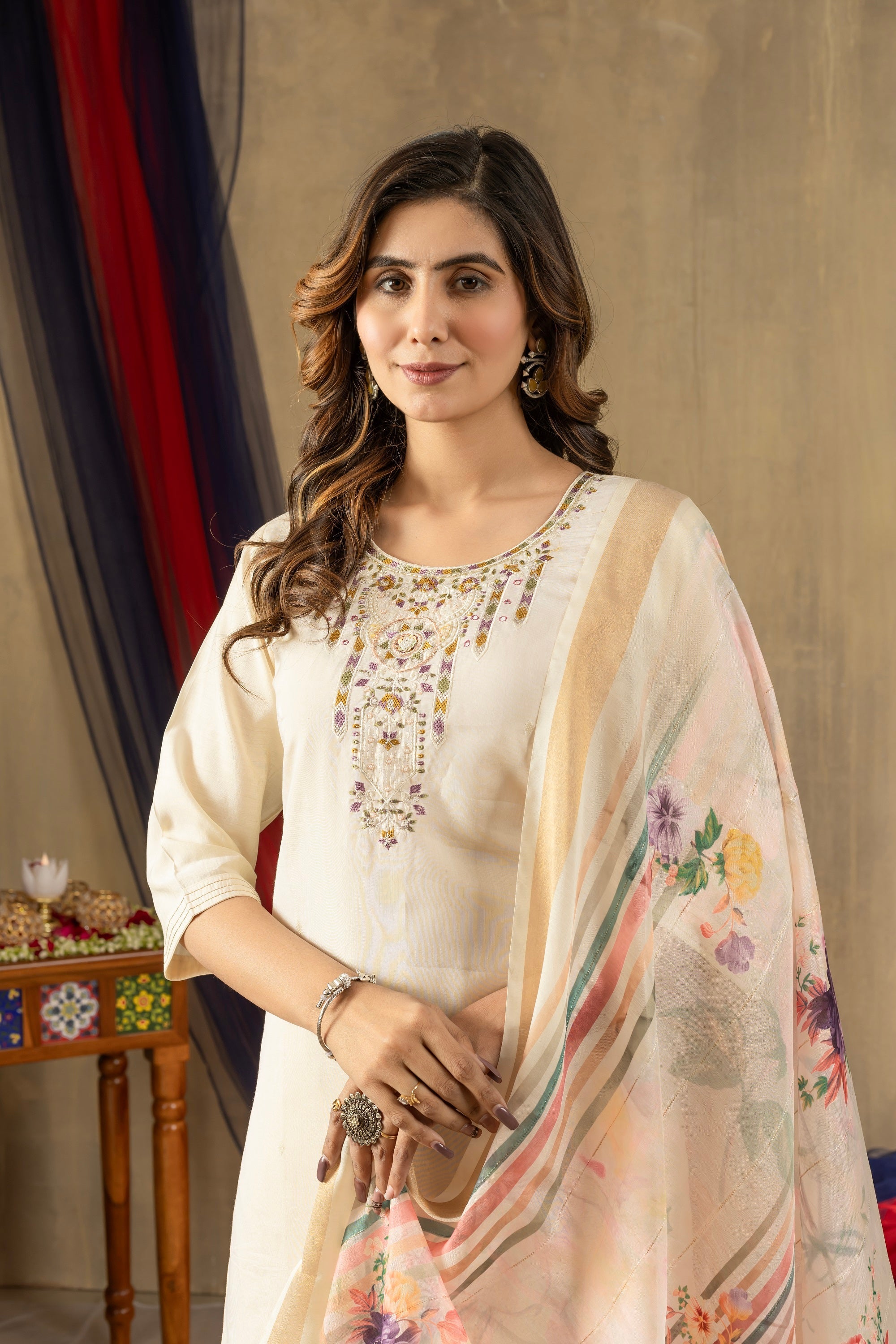 Vedant Vastram Simmer Silk Hand Work & Embroidery Work Stitched Kurta Pant Dupatta Set-Off White