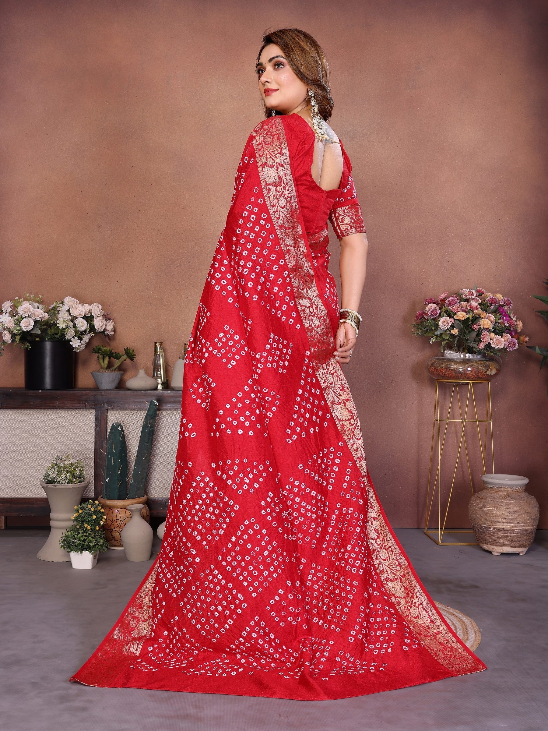 Anaita Red Handmade Bandhej Viscose Silk Saree With Blouse