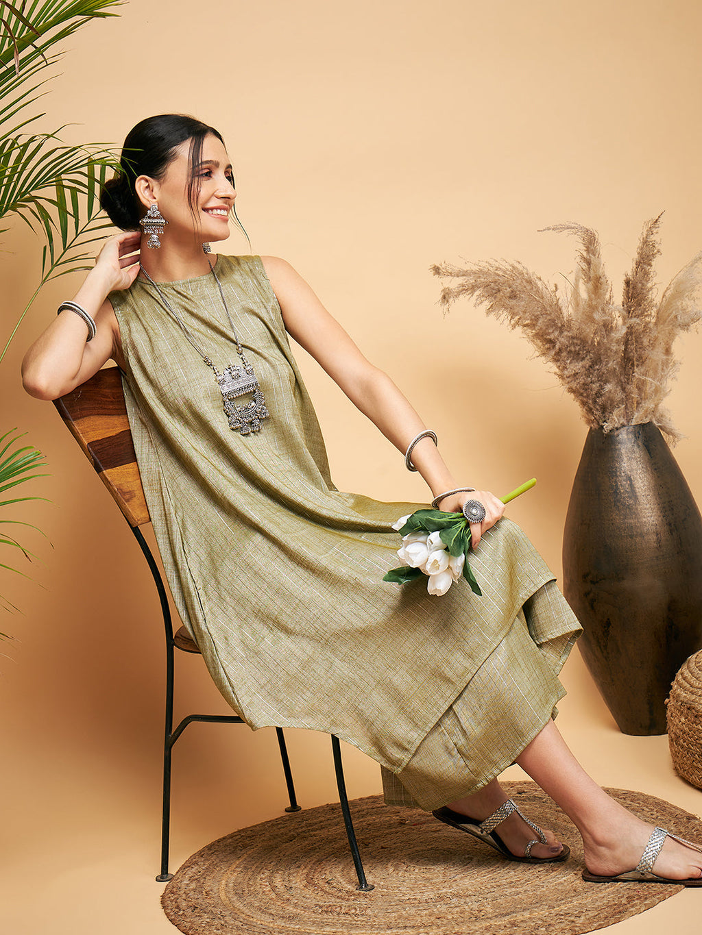 InWeave Women's Olive Lurex Short Pallazo Kurta Set