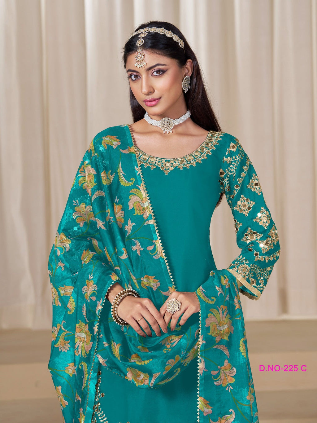 Anaita Teal-Blue Premium Embroidered Roman Silk Salwar Suit