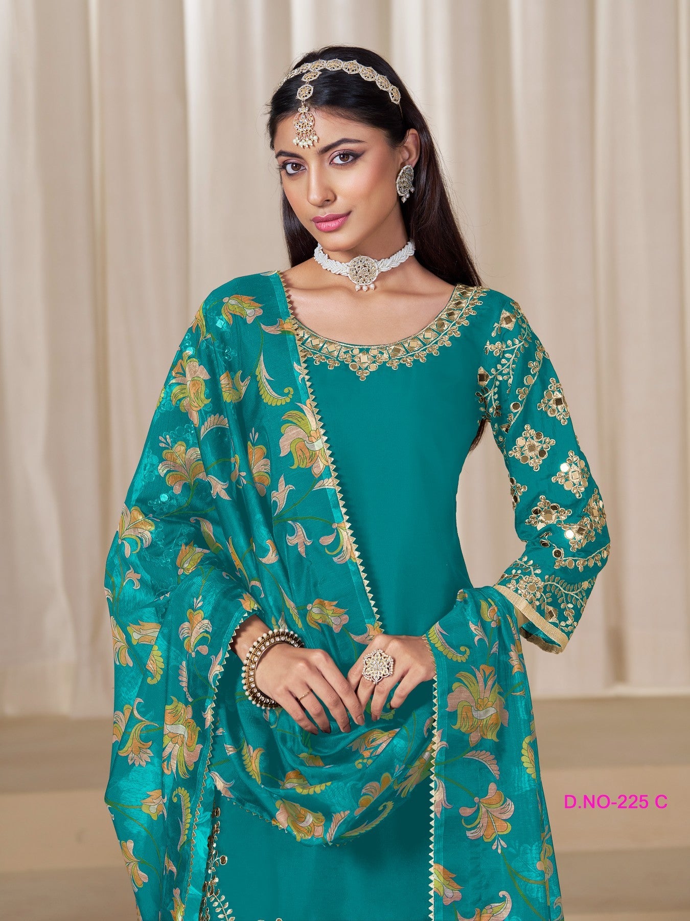Anaita Teal-Blue Premium Embroidered Roman Silk Salwar Suit