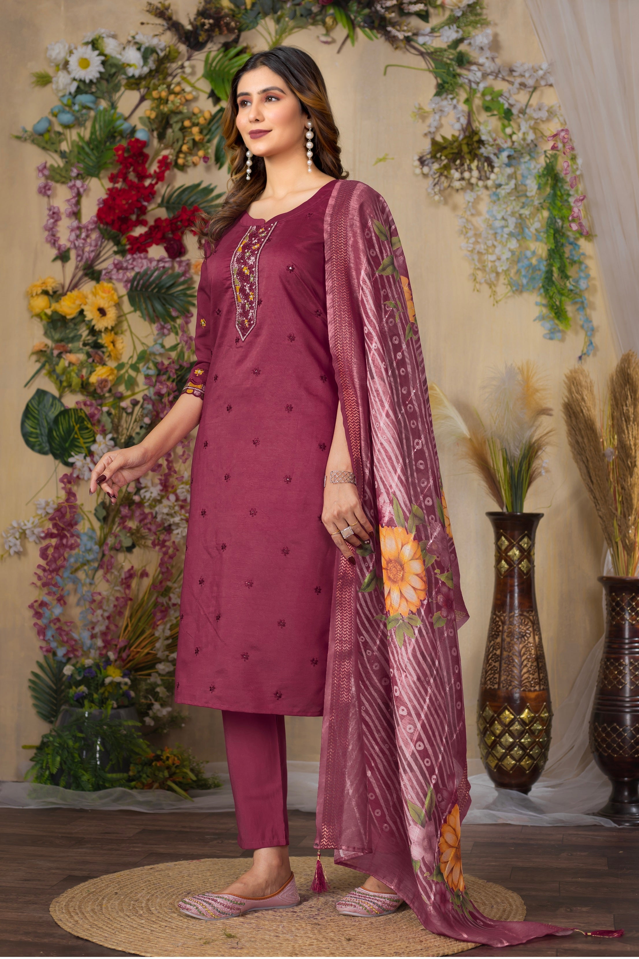 Vedant Vastram Roman Silk Embroidery & Sequence Work Stitched Kurta Pant Dupatta Set-Maroon