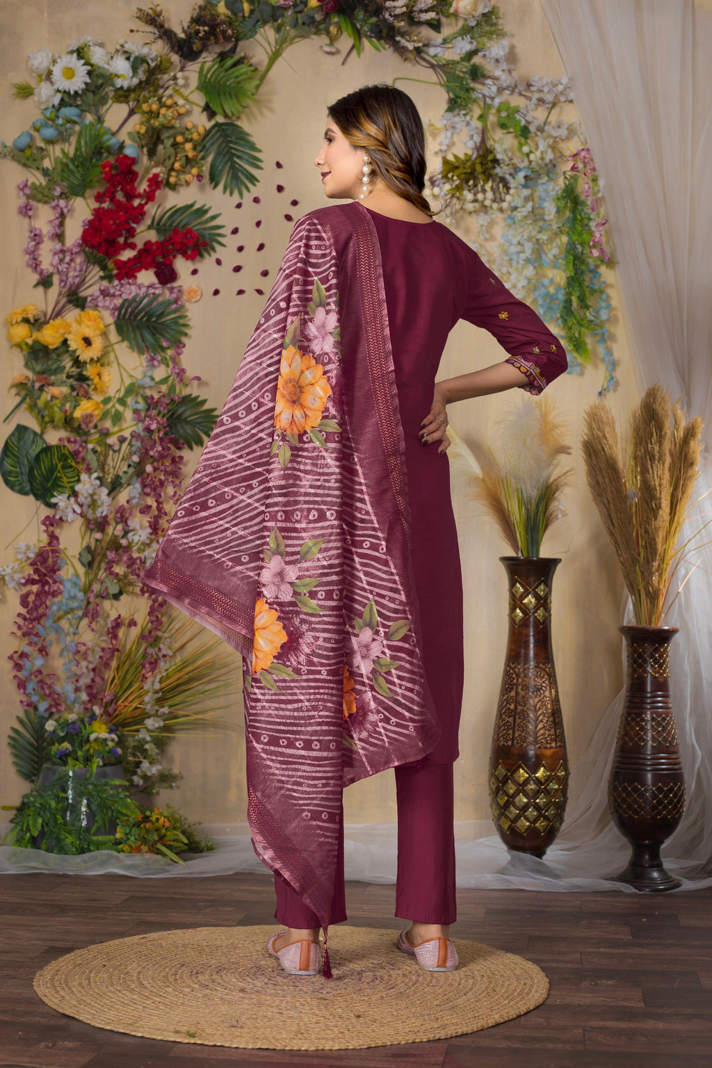 Vedant Vastram Roman Silk Embroidery & Sequence Work Stitched Kurta Pant Dupatta Set-Maroon