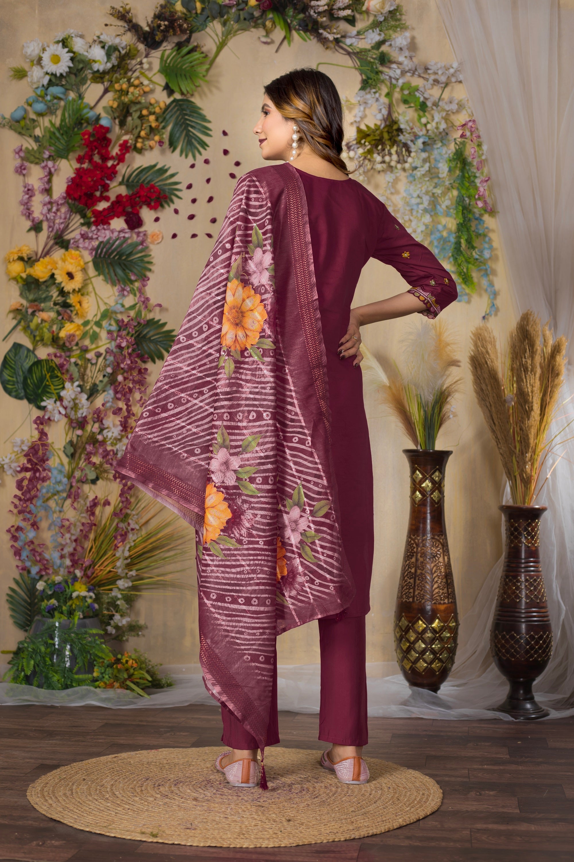 Vedant Vastram Roman Silk Embroidery & Sequence Work Stitched Kurta Pant Dupatta Set-Maroon