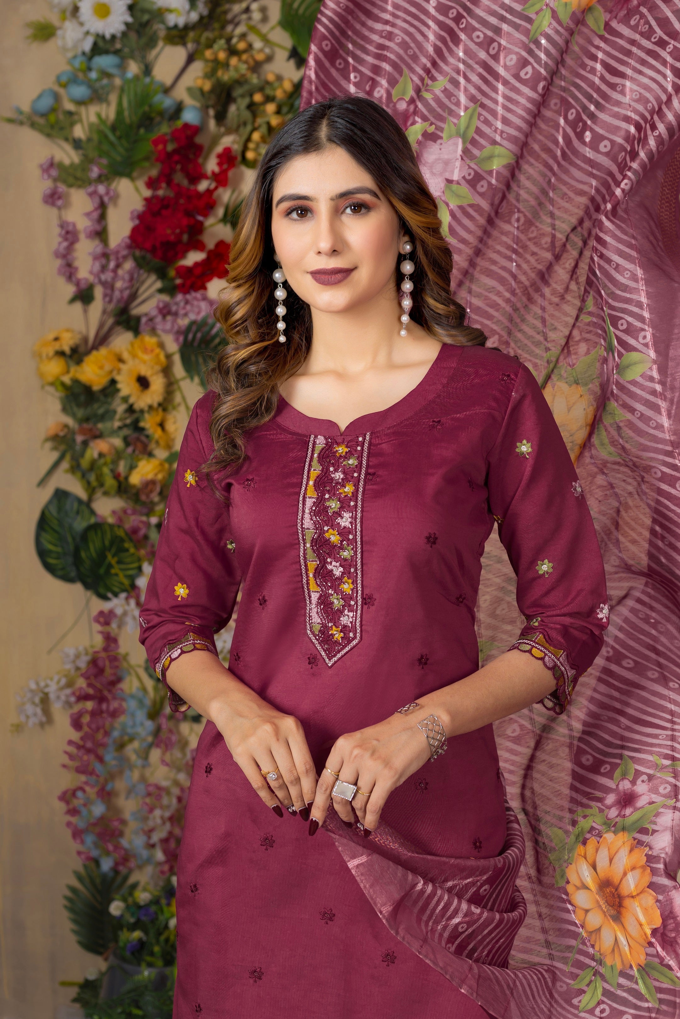 Vedant Vastram Roman Silk Embroidery & Sequence Work Stitched Kurta Pant Dupatta Set-Maroon