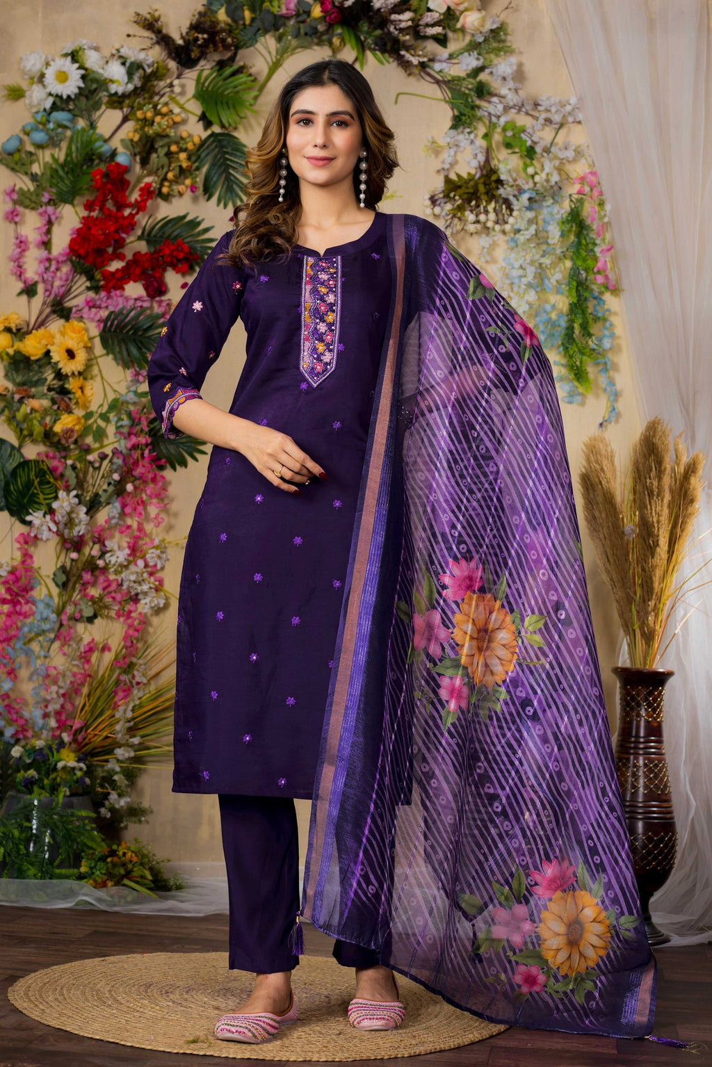 Vedant Vastram Roman Silk Embroidery & Sequence Work Stitched Kurta Pant Dupatta Set-Purple