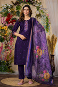 Vedant Vastram Roman Silk Embroidery & Sequence Work Stitched Kurta Pant Dupatta Set-Purple