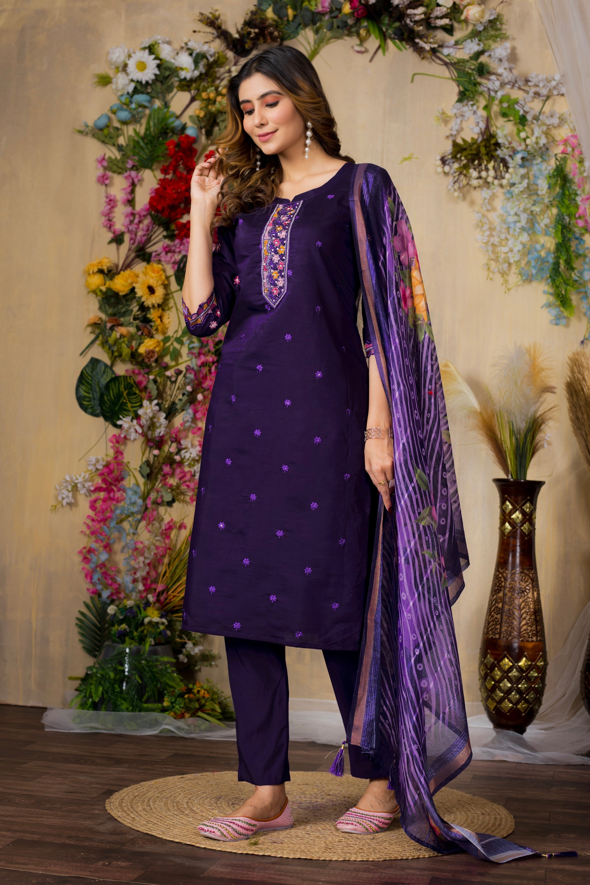 Vedant Vastram Roman Silk Embroidery & Sequence Work Stitched Kurta Pant Dupatta Set-Purple