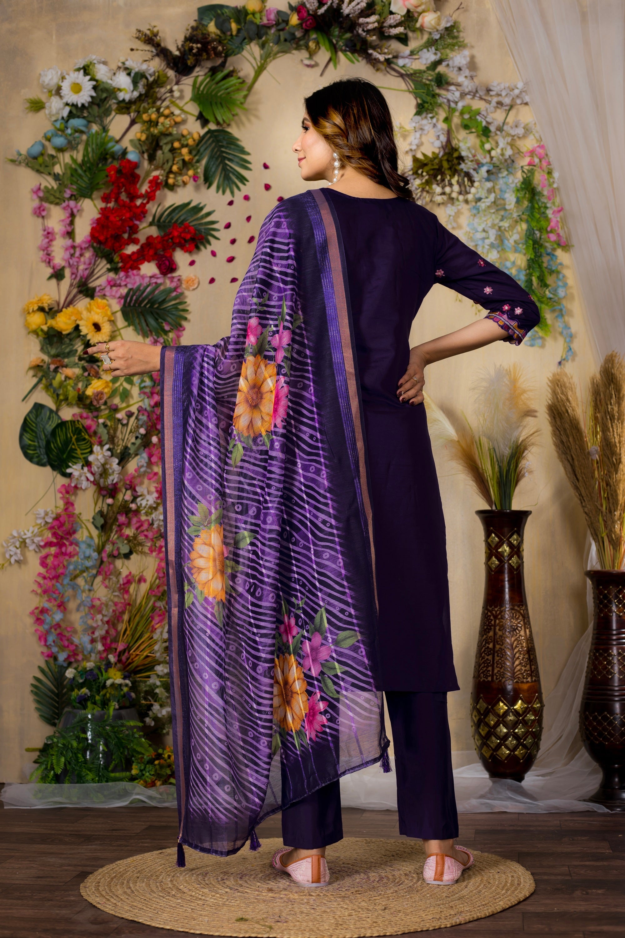 Vedant Vastram Roman Silk Embroidery & Sequence Work Stitched Kurta Pant Dupatta Set-Purple