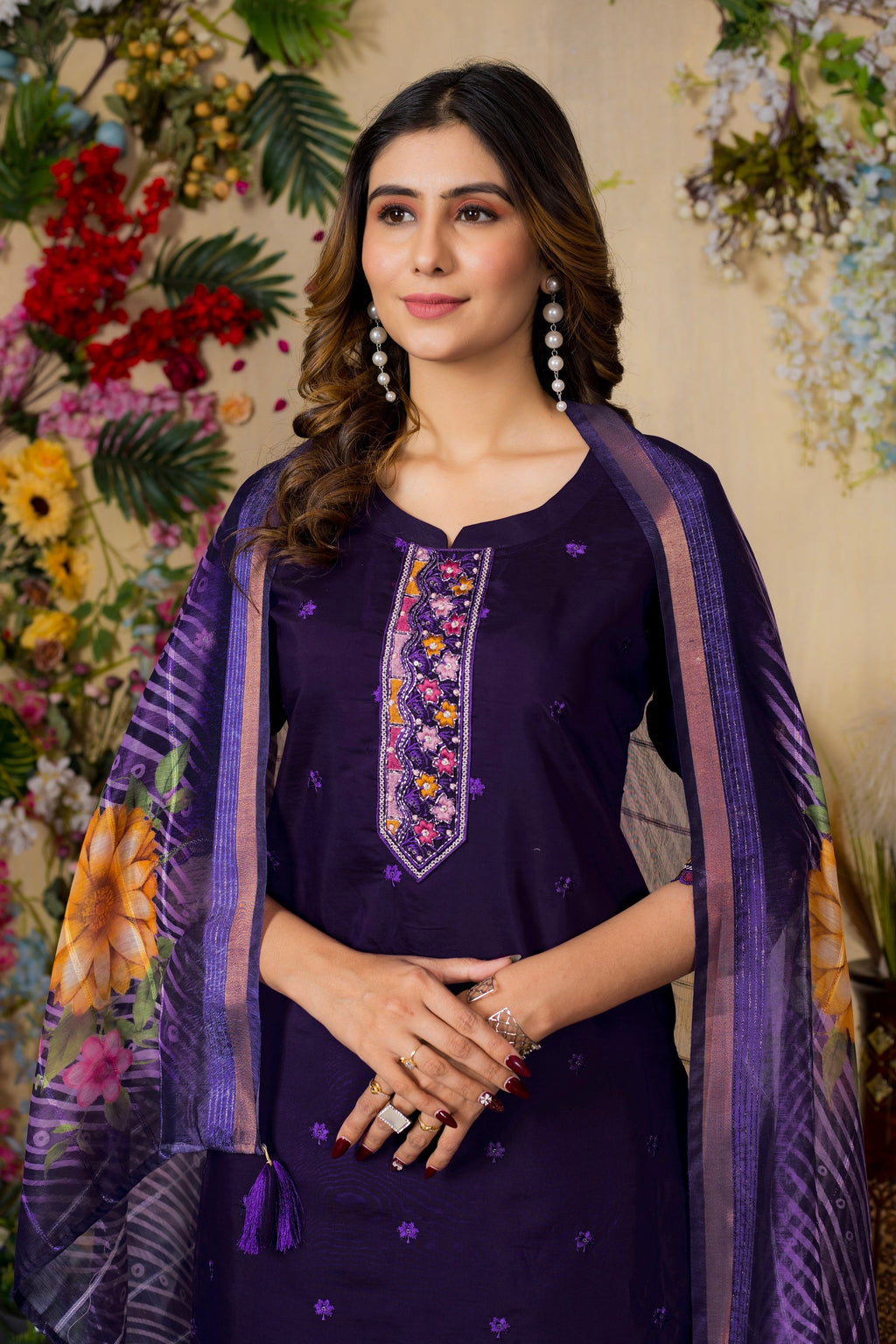 Vedant Vastram Roman Silk Embroidery & Sequence Work Stitched Kurta Pant Dupatta Set-Purple
