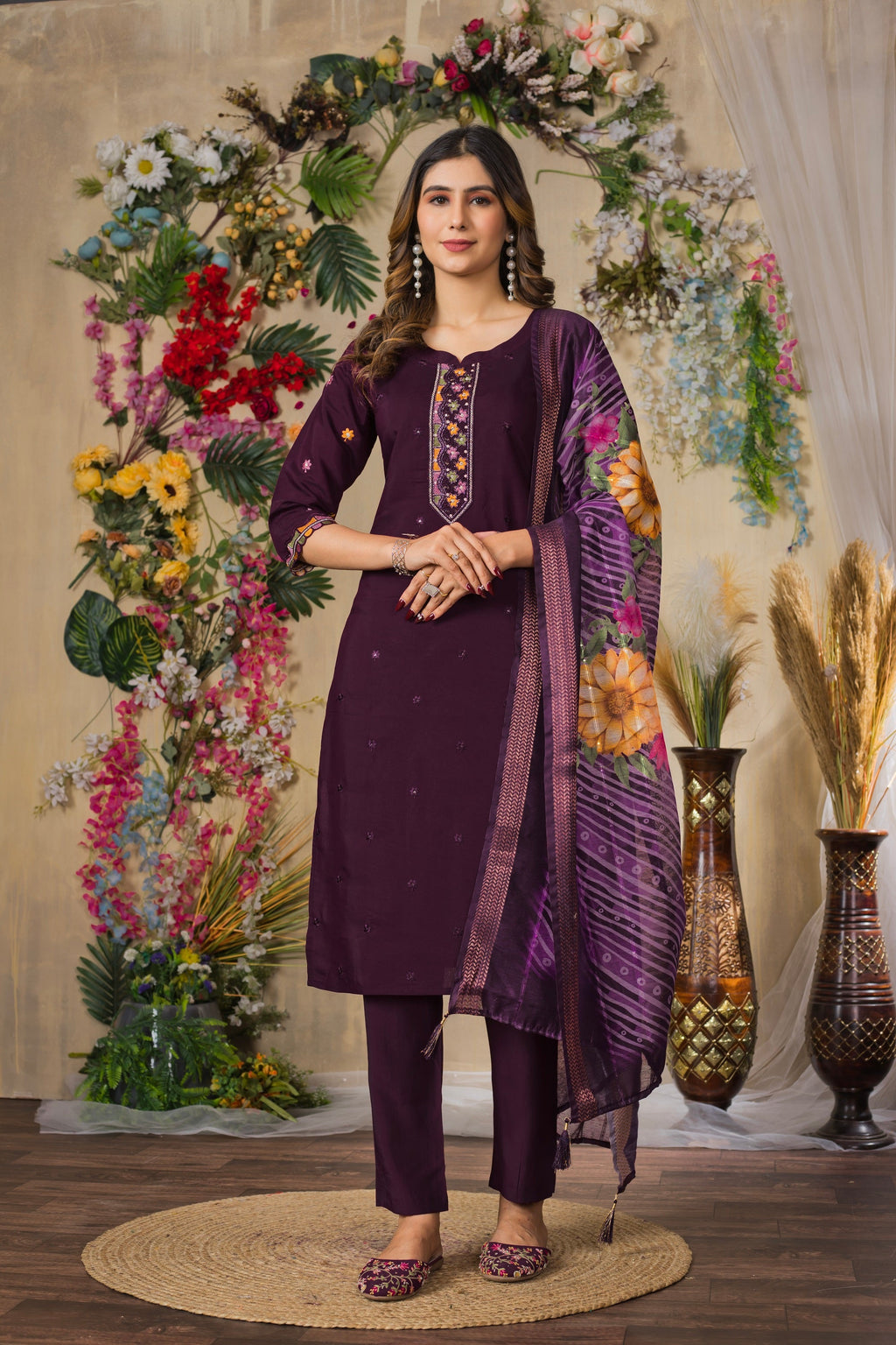Vedant Vastram Roman Silk Embroidery & Sequence Work Stitched Kurta Pant Dupatta Set-Wine