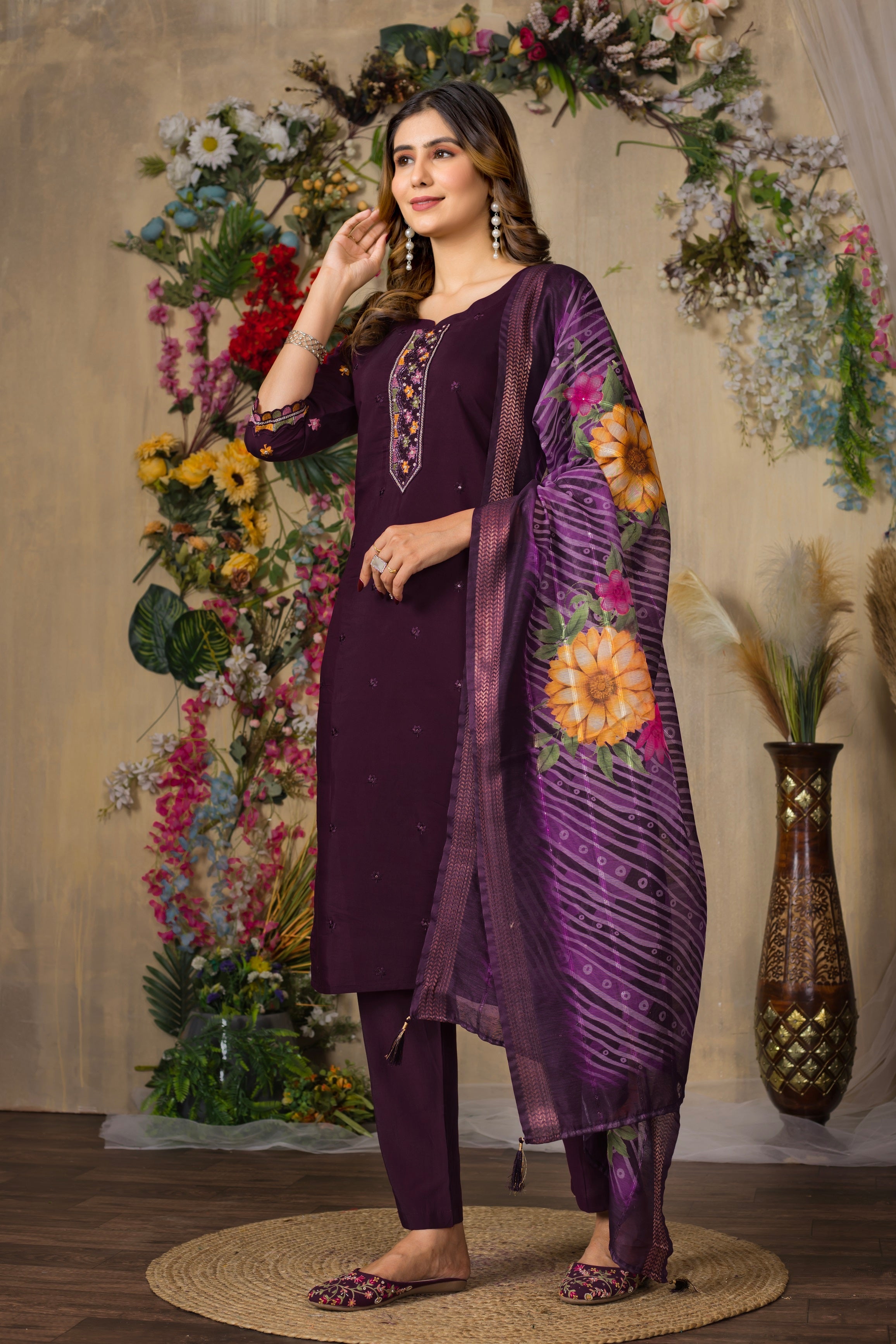 Vedant Vastram Roman Silk Embroidery & Sequence Work Stitched Kurta Pant Dupatta Set-Wine