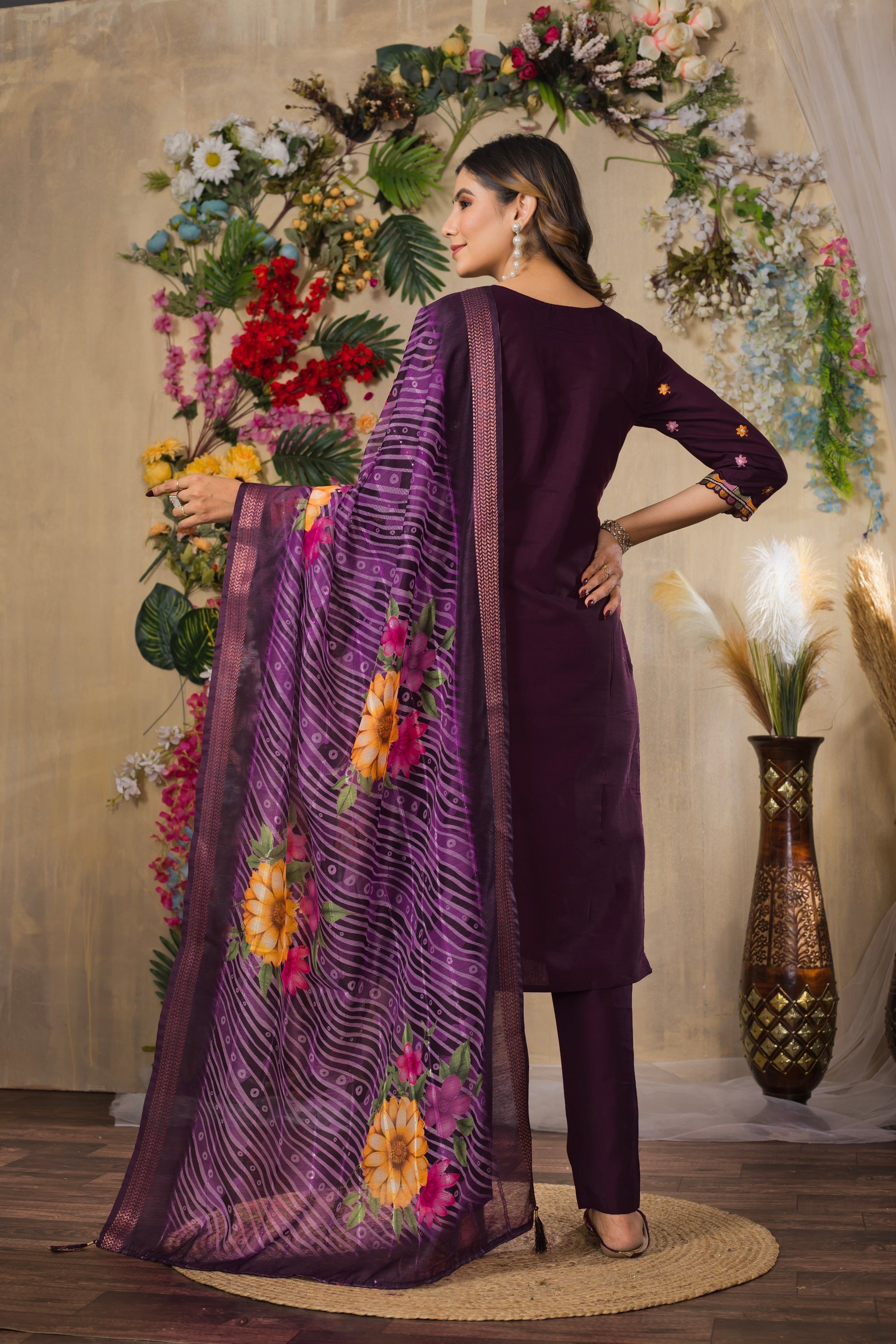 Vedant Vastram Roman Silk Embroidery & Sequence Work Stitched Kurta Pant Dupatta Set-Wine