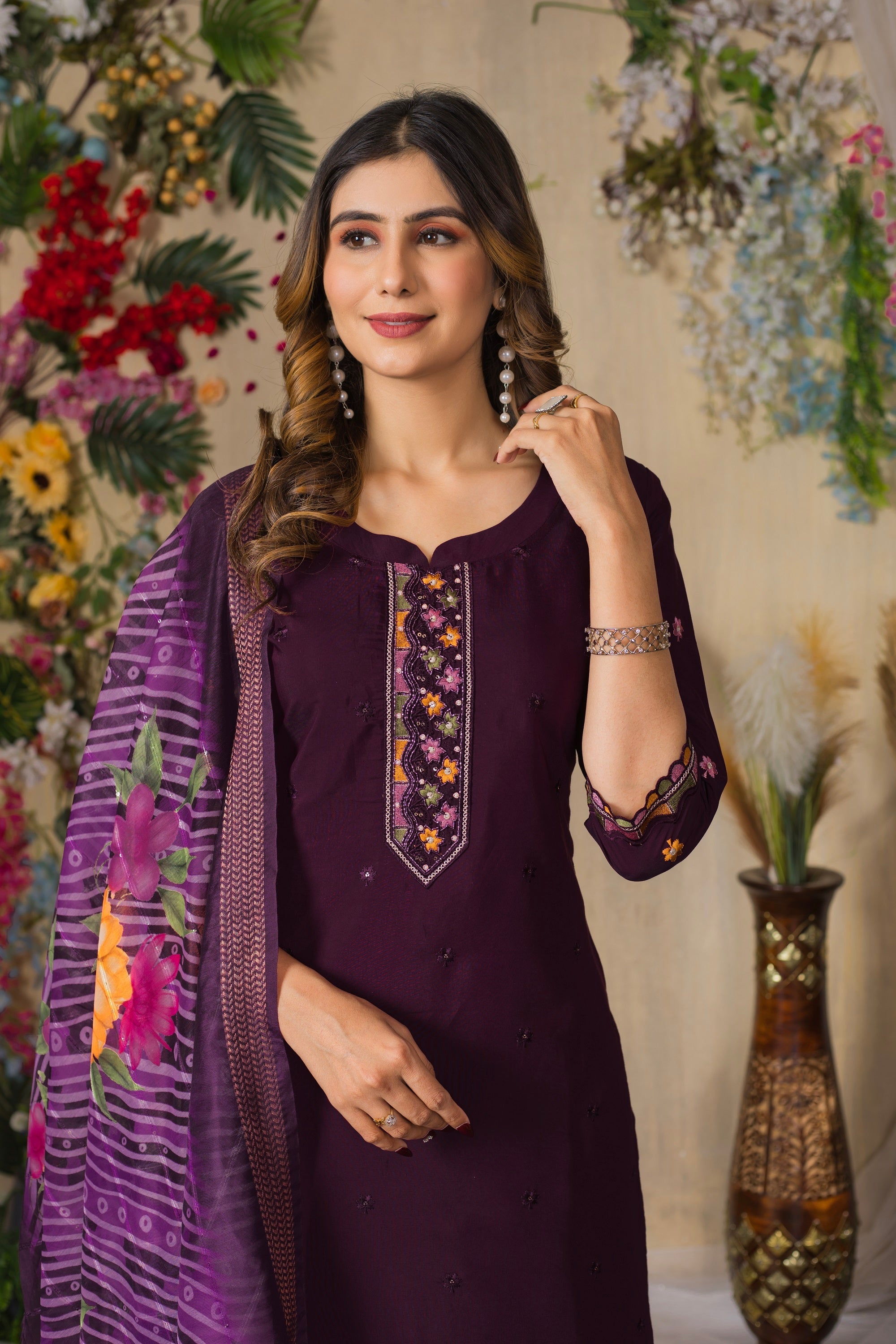 Vedant Vastram Roman Silk Embroidery & Sequence Work Stitched Kurta Pant Dupatta Set-Wine
