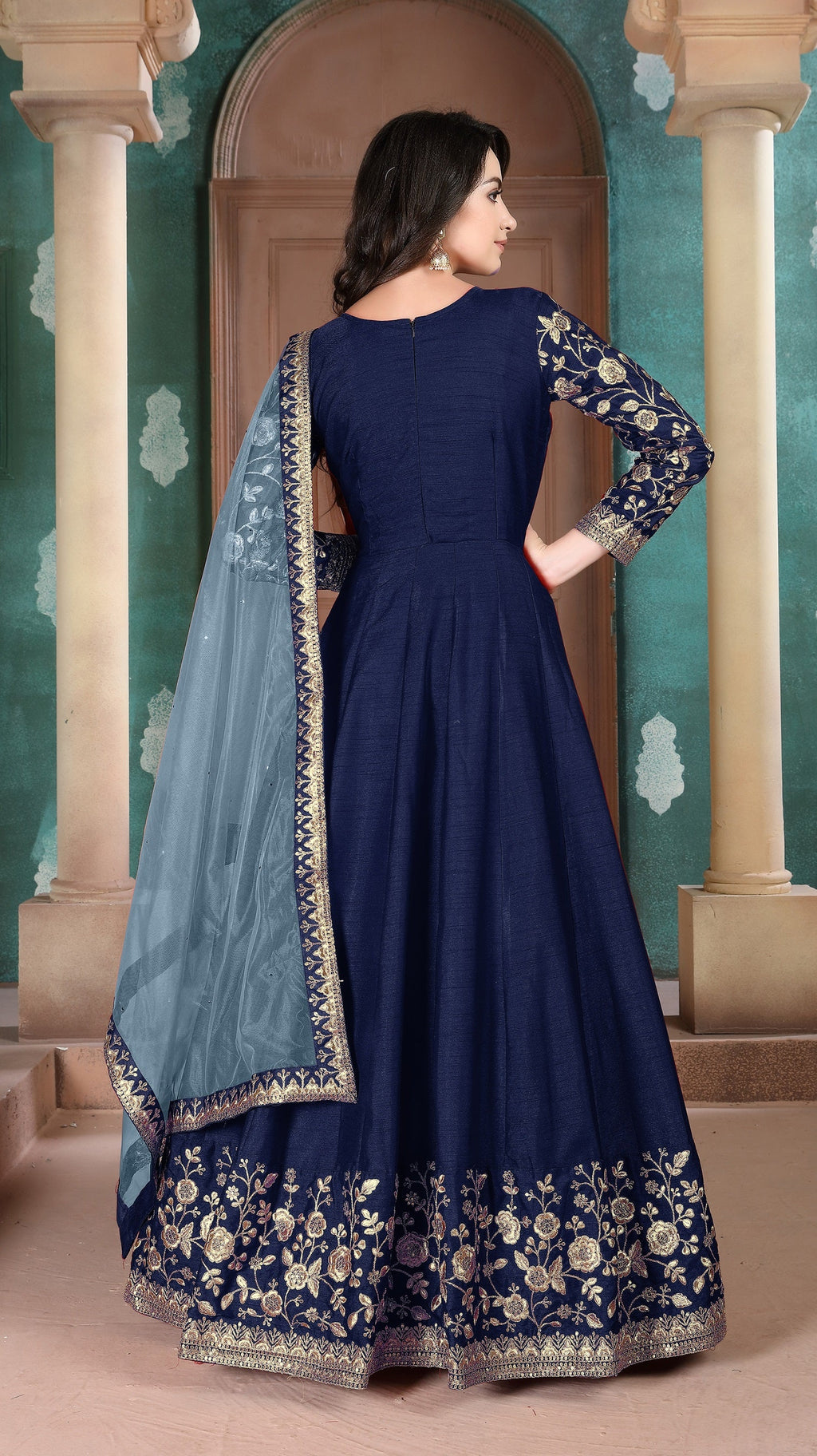 Anaita Navy Blue Embroidered Adda Silk Anarkali Suit
