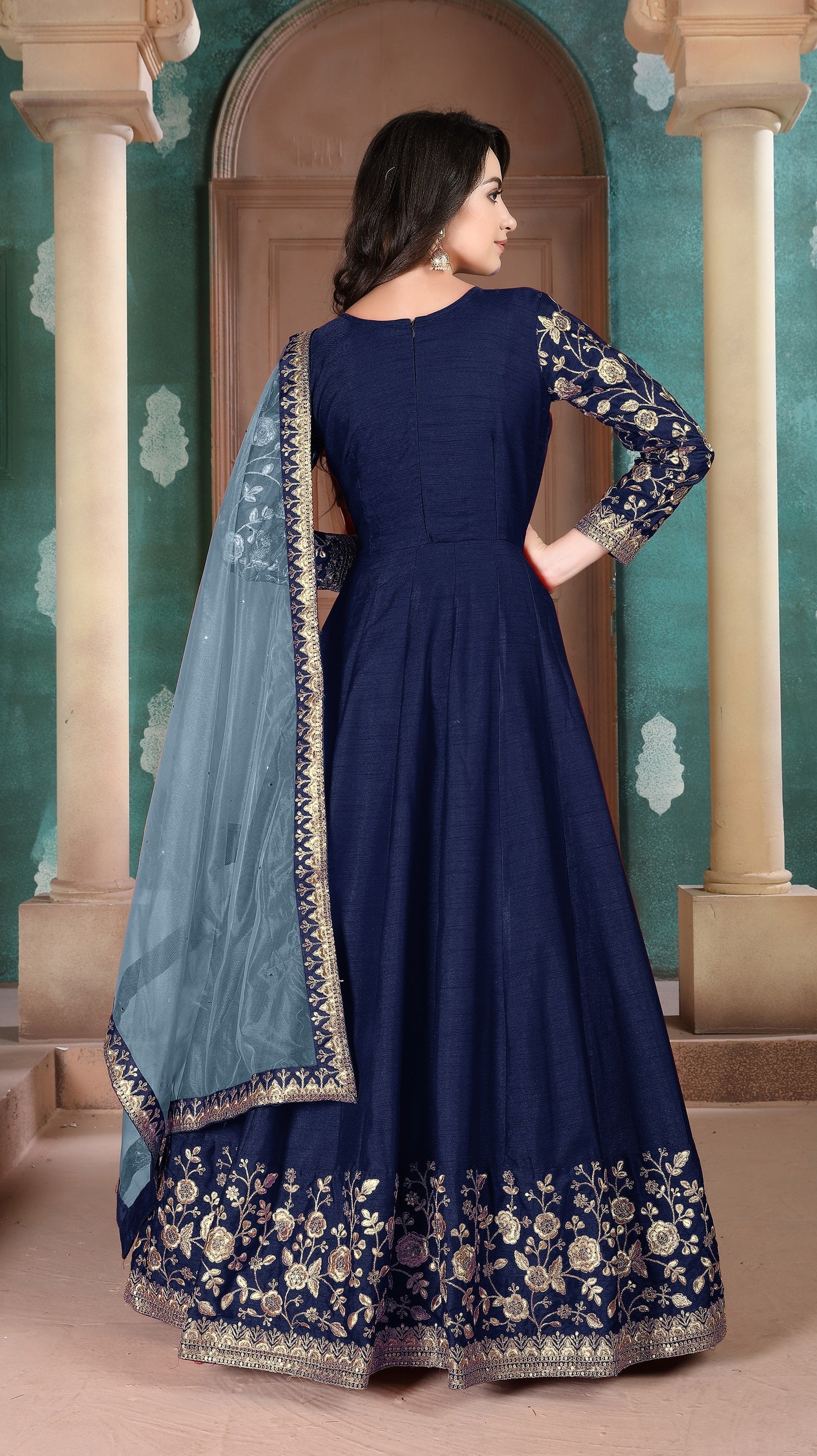 Anaita Navy Blue Embroidered Adda Silk Anarkali Suit