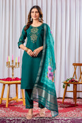 Vedant Vastram Viscose Silk Hand Work & Embroidery Work Stitched Kurta Pant Dupatta Set-Green