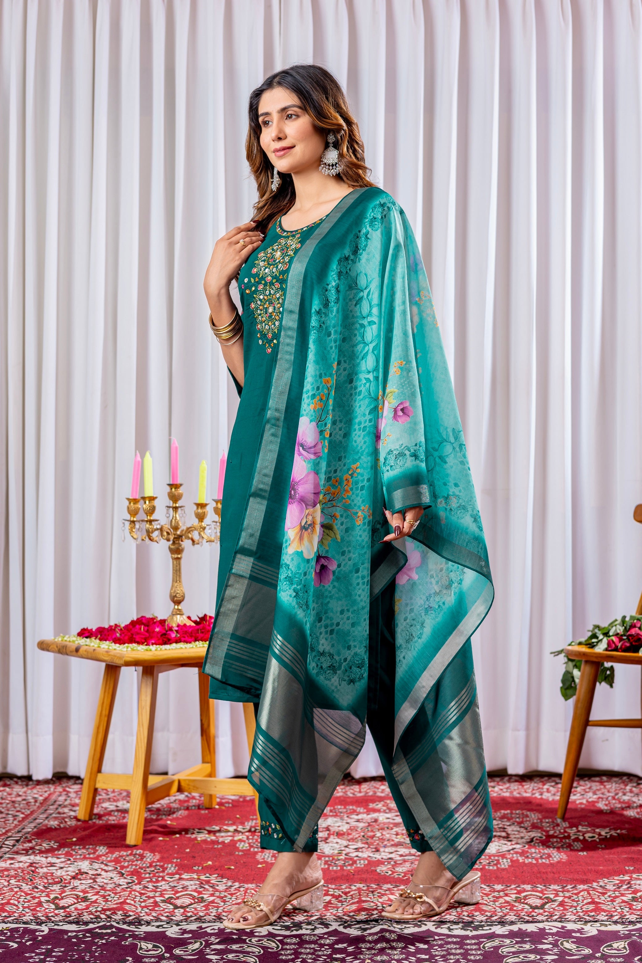 Vedant Vastram Viscose Silk Hand Work & Embroidery Work Stitched Kurta Pant Dupatta Set-Green