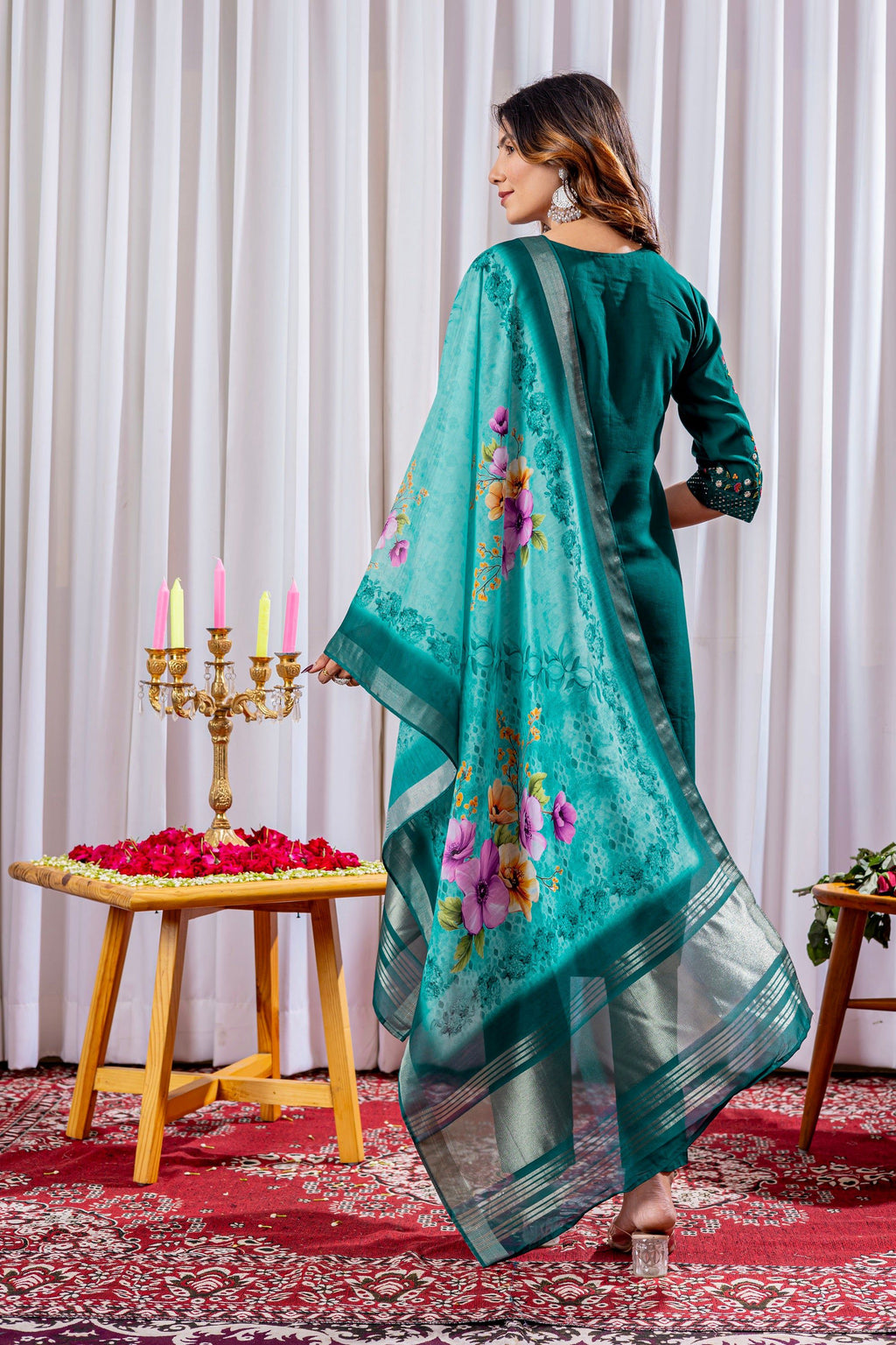 Vedant Vastram Viscose Silk Hand Work & Embroidery Work Stitched Kurta Pant Dupatta Set-Green