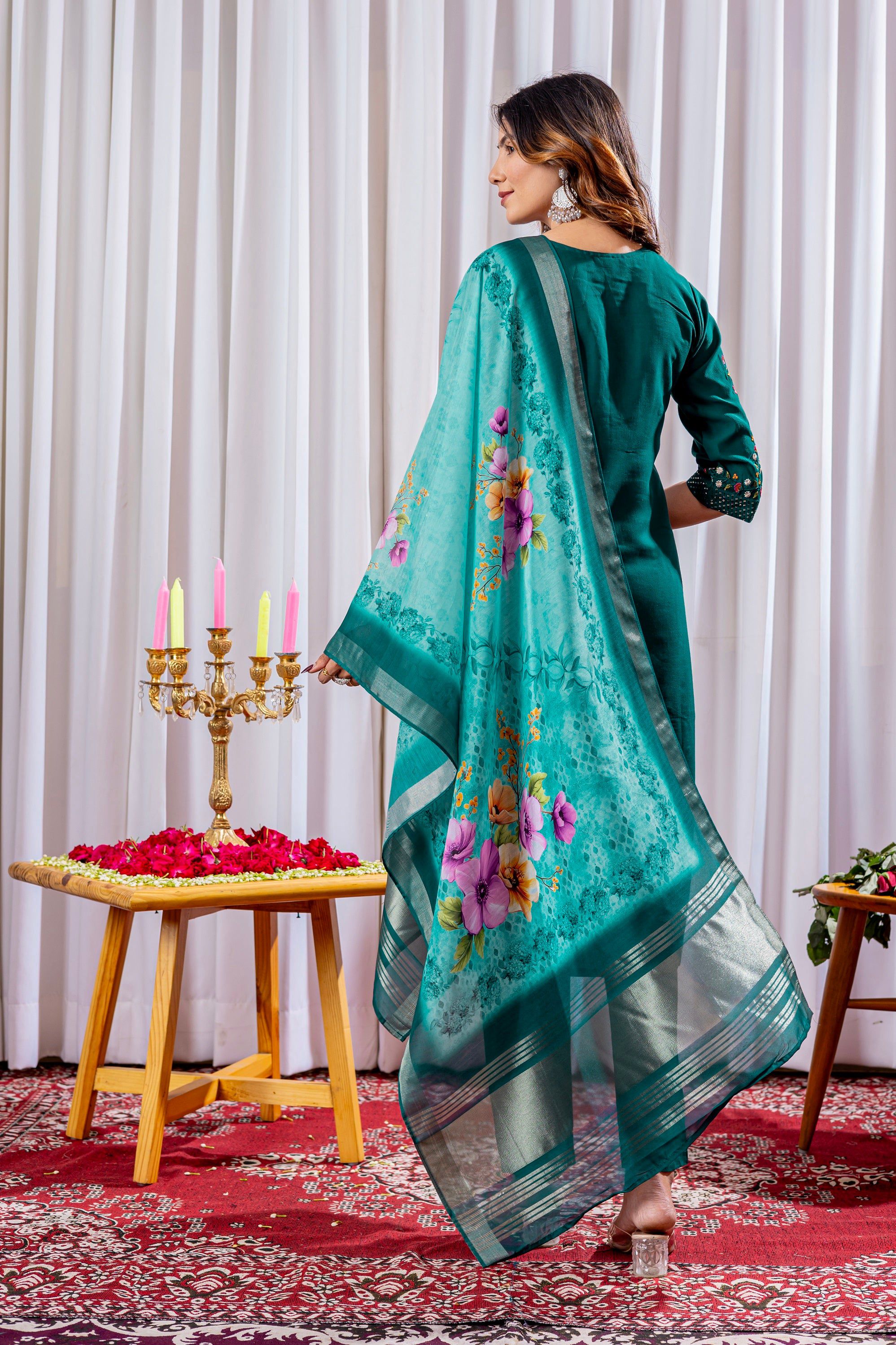 Vedant Vastram Viscose Silk Hand Work & Embroidery Work Stitched Kurta Pant Dupatta Set-Green