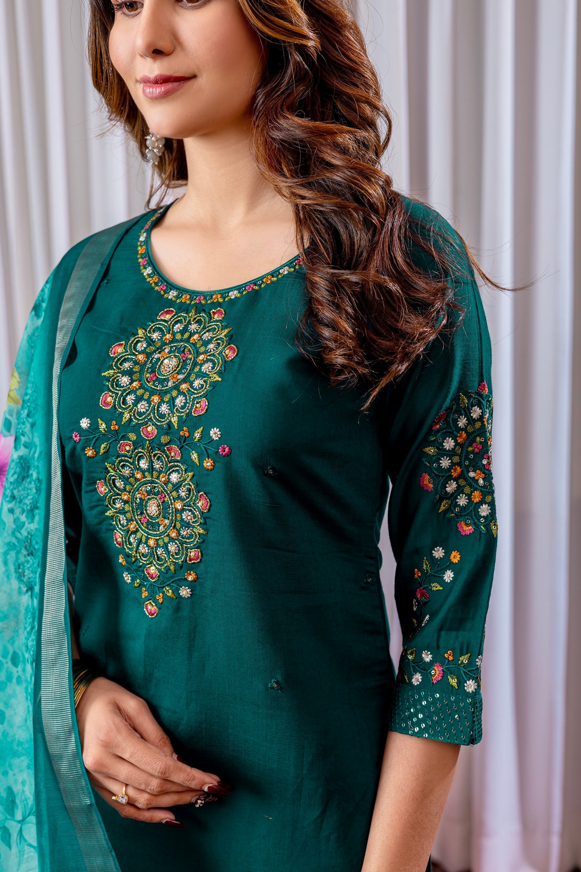 Vedant Vastram Viscose Silk Hand Work & Embroidery Work Stitched Kurta Pant Dupatta Set-Green