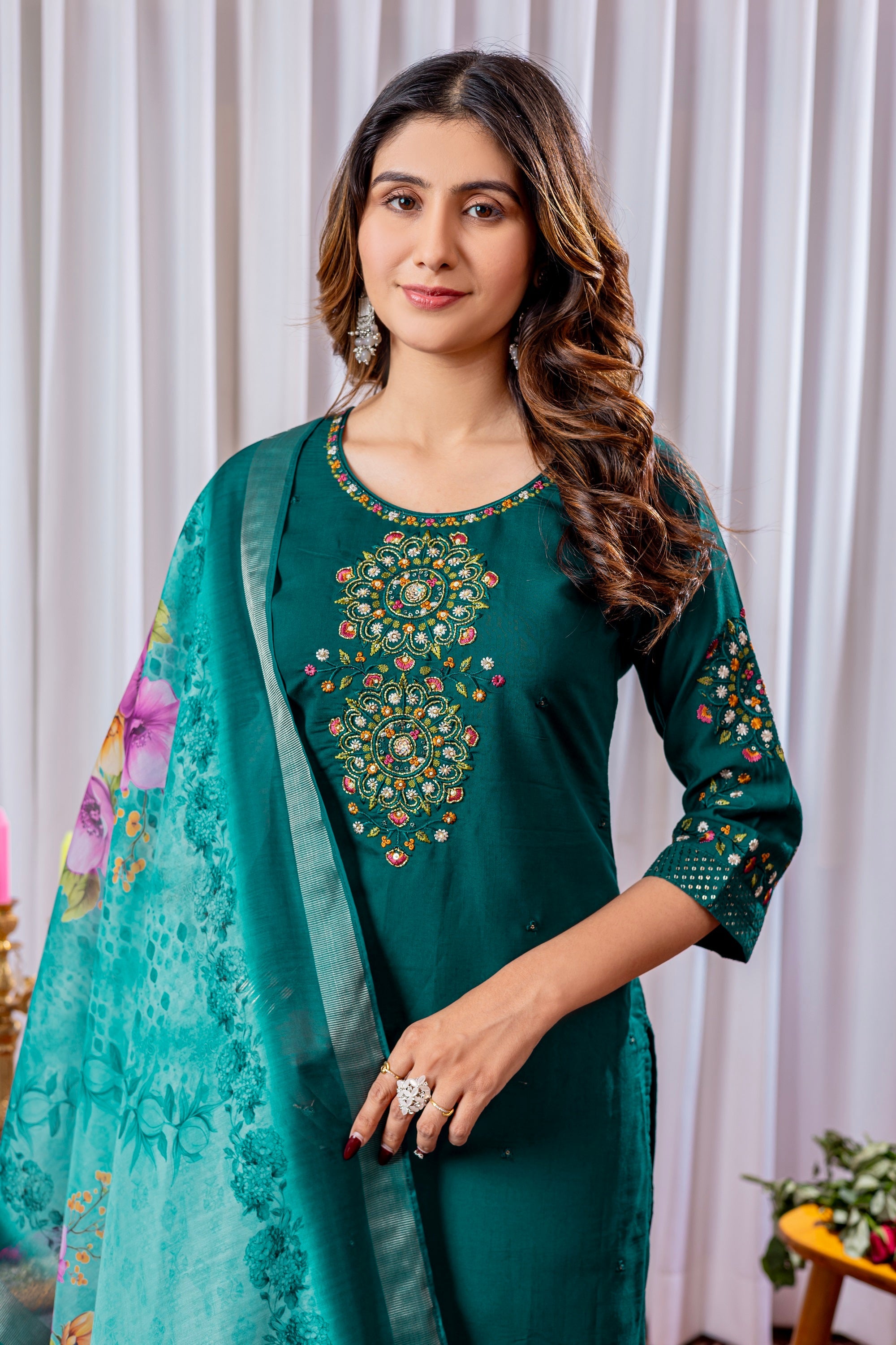 Vedant Vastram Viscose Silk Hand Work & Embroidery Work Stitched Kurta Pant Dupatta Set-Green