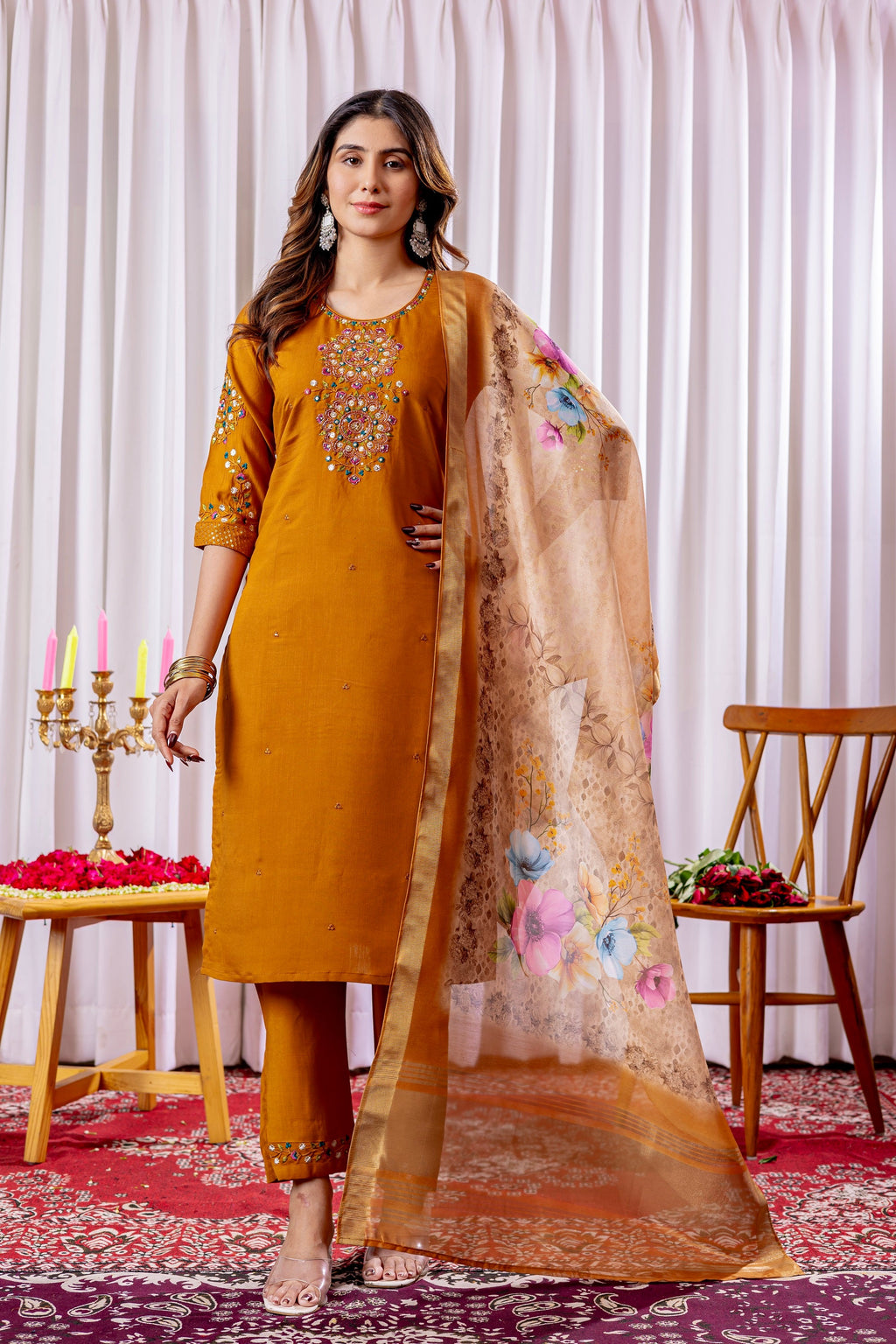 Vedant Vastram Viscose Silk Hand Work & Embroidery Work Stitched Kurta Pant Dupatta Set-Mustard