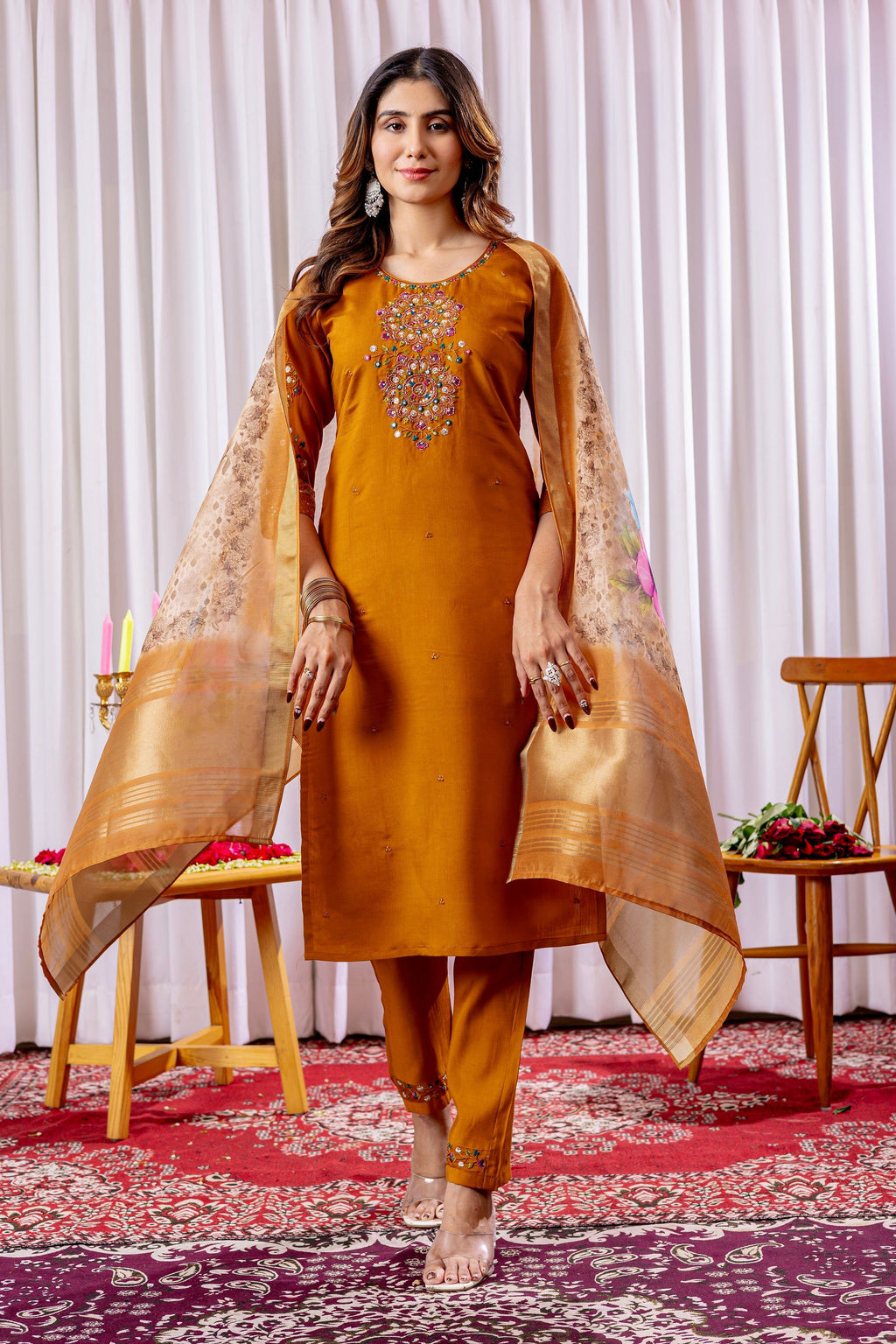 Vedant Vastram Viscose Silk Hand Work & Embroidery Work Stitched Kurta Pant Dupatta Set-Mustard