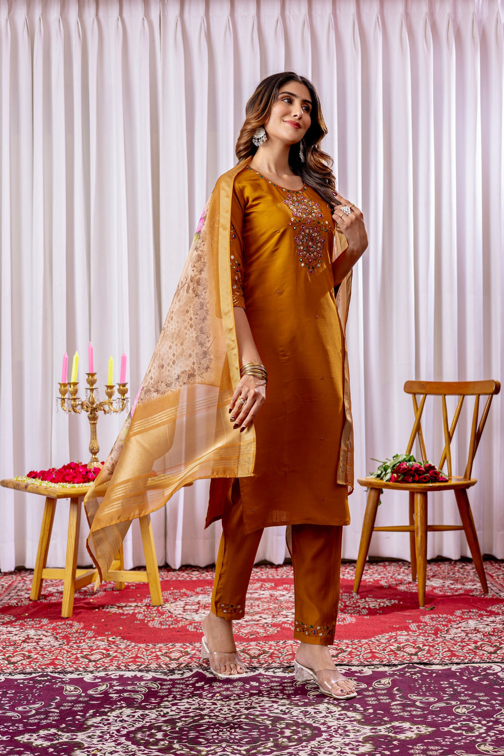 Vedant Vastram Viscose Silk Hand Work & Embroidery Work Stitched Kurta Pant Dupatta Set-Mustard