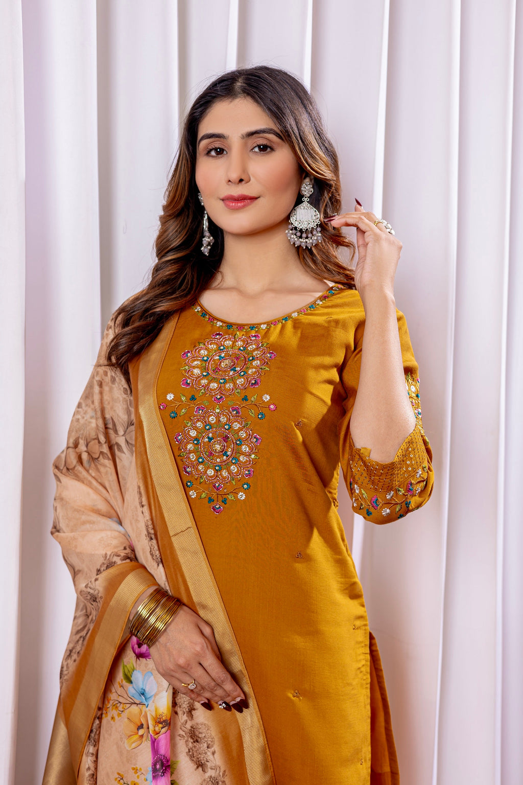 Vedant Vastram Viscose Silk Hand Work & Embroidery Work Stitched Kurta Pant Dupatta Set-Mustard