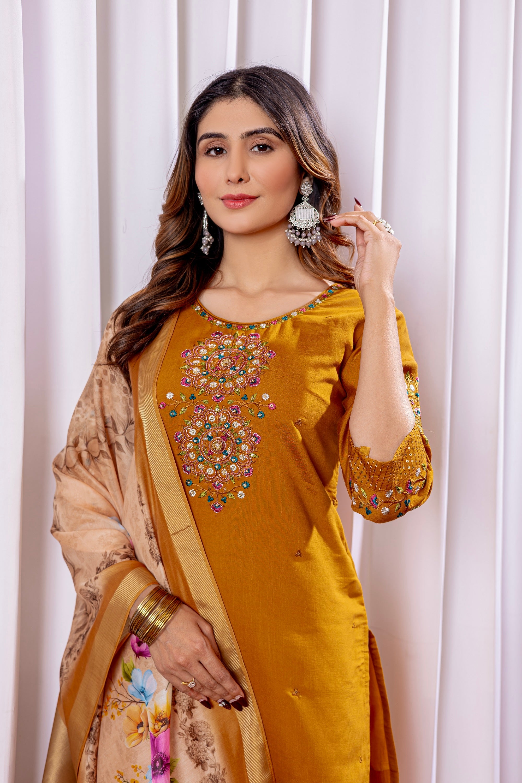Vedant Vastram Viscose Silk Hand Work & Embroidery Work Stitched Kurta Pant Dupatta Set-Mustard