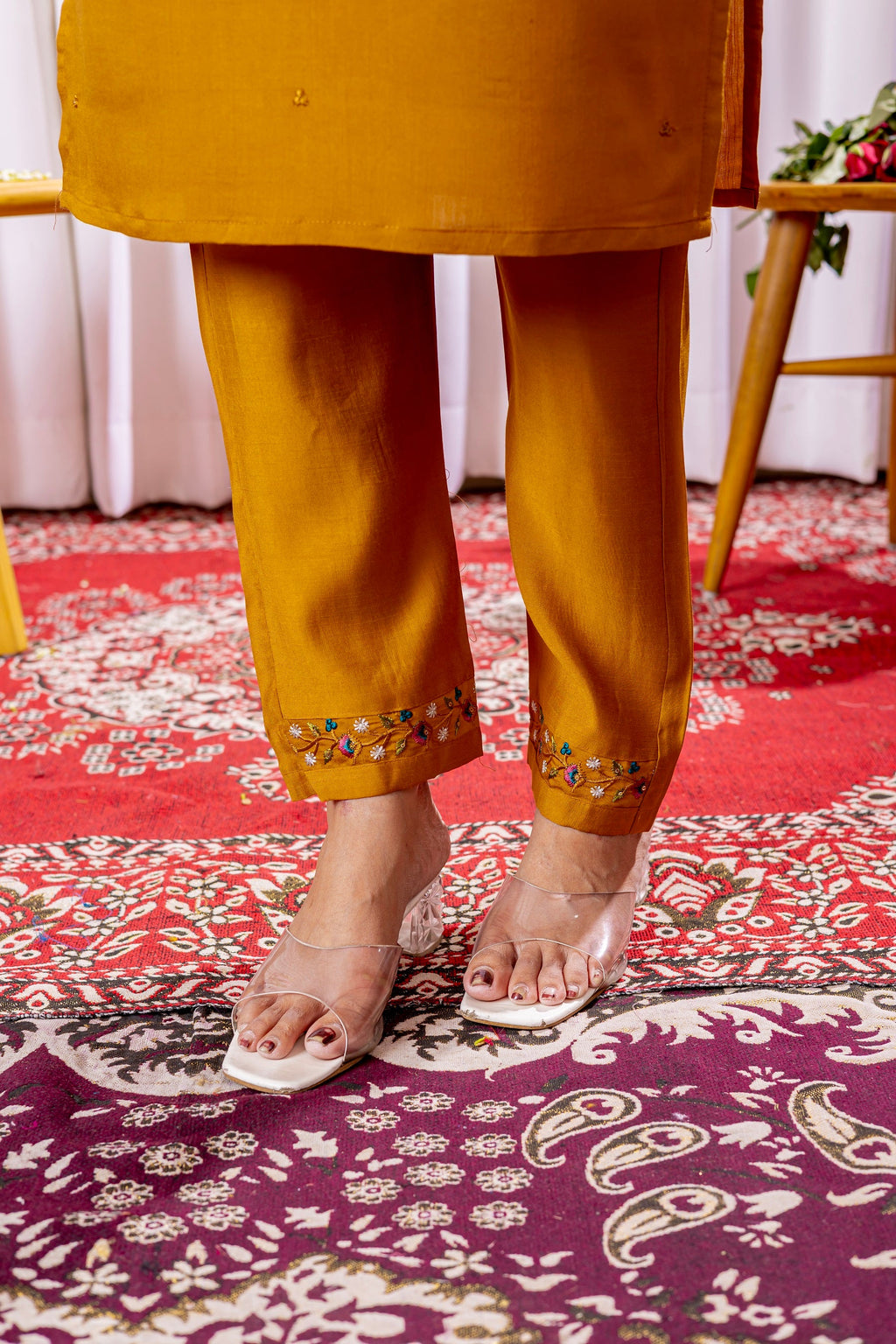 Vedant Vastram Viscose Silk Hand Work & Embroidery Work Stitched Kurta Pant Dupatta Set-Mustard