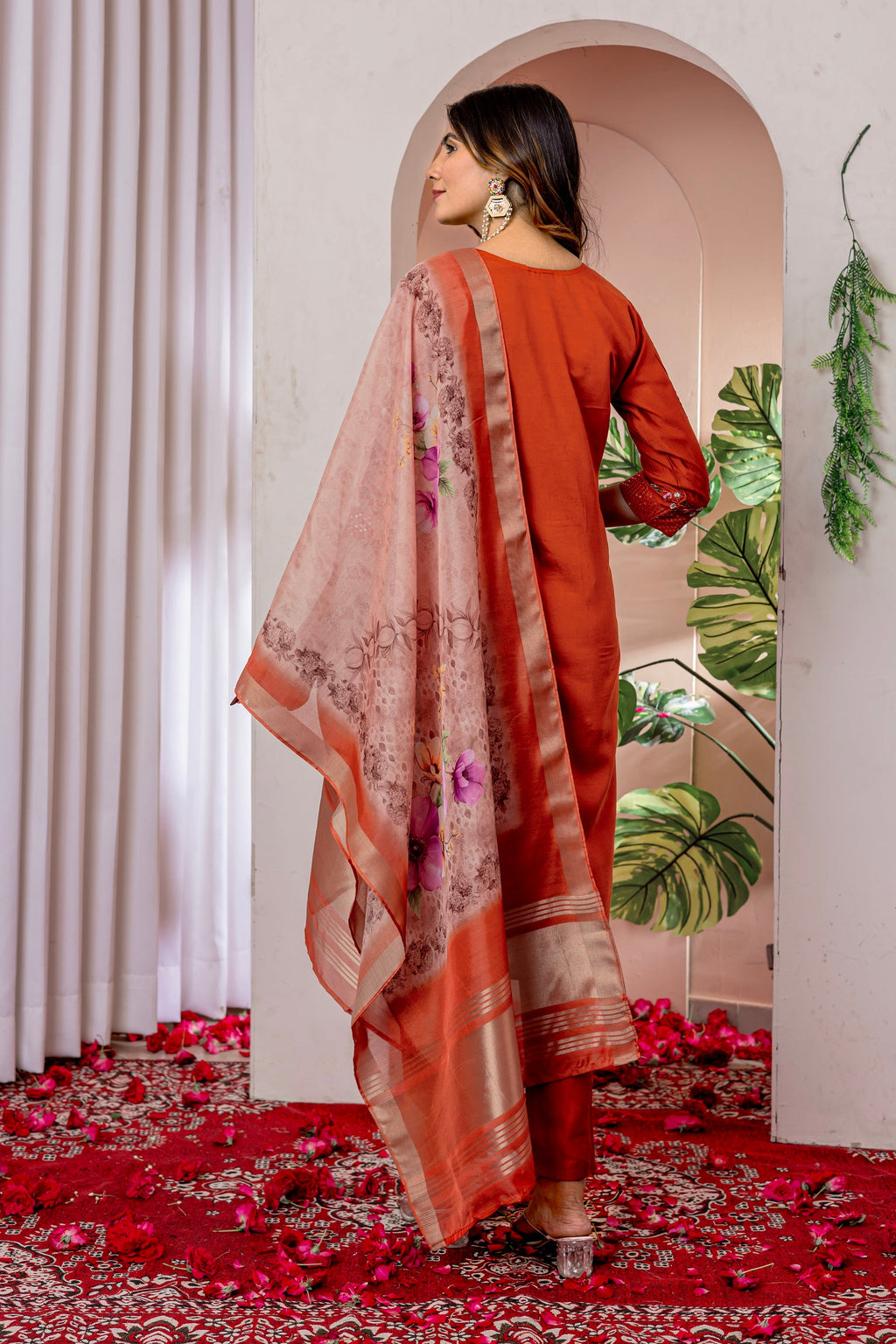 Vedant Vastram Viscose Silk Hand Work & Embroidery Work Stitched Kurta Pant Dupatta Set-Orange