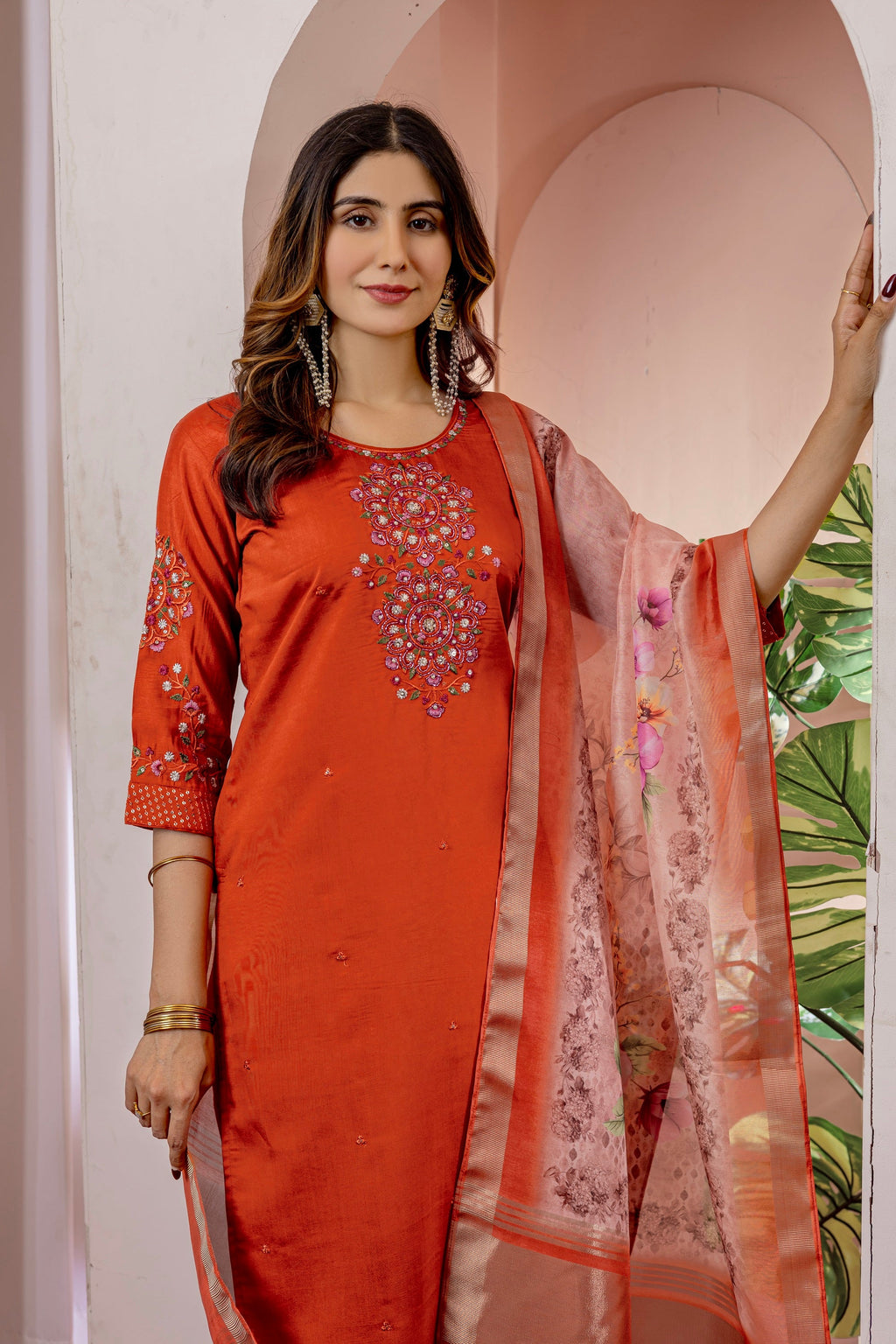 Vedant Vastram Viscose Silk Hand Work & Embroidery Work Stitched Kurta Pant Dupatta Set-Orange