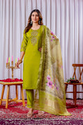 Vedant Vastram Viscose Silk Hand Work & Embroidery Work Stitched Kurta Pant Dupatta Set-Parrot Green