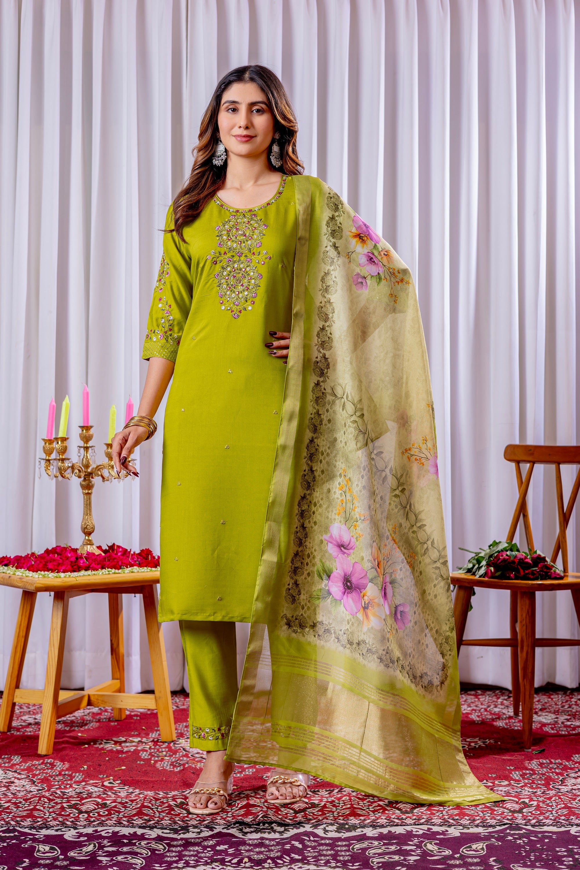 Vedant Vastram Viscose Silk Hand Work & Embroidery Work Stitched Kurta Pant Dupatta Set-Parrot Green