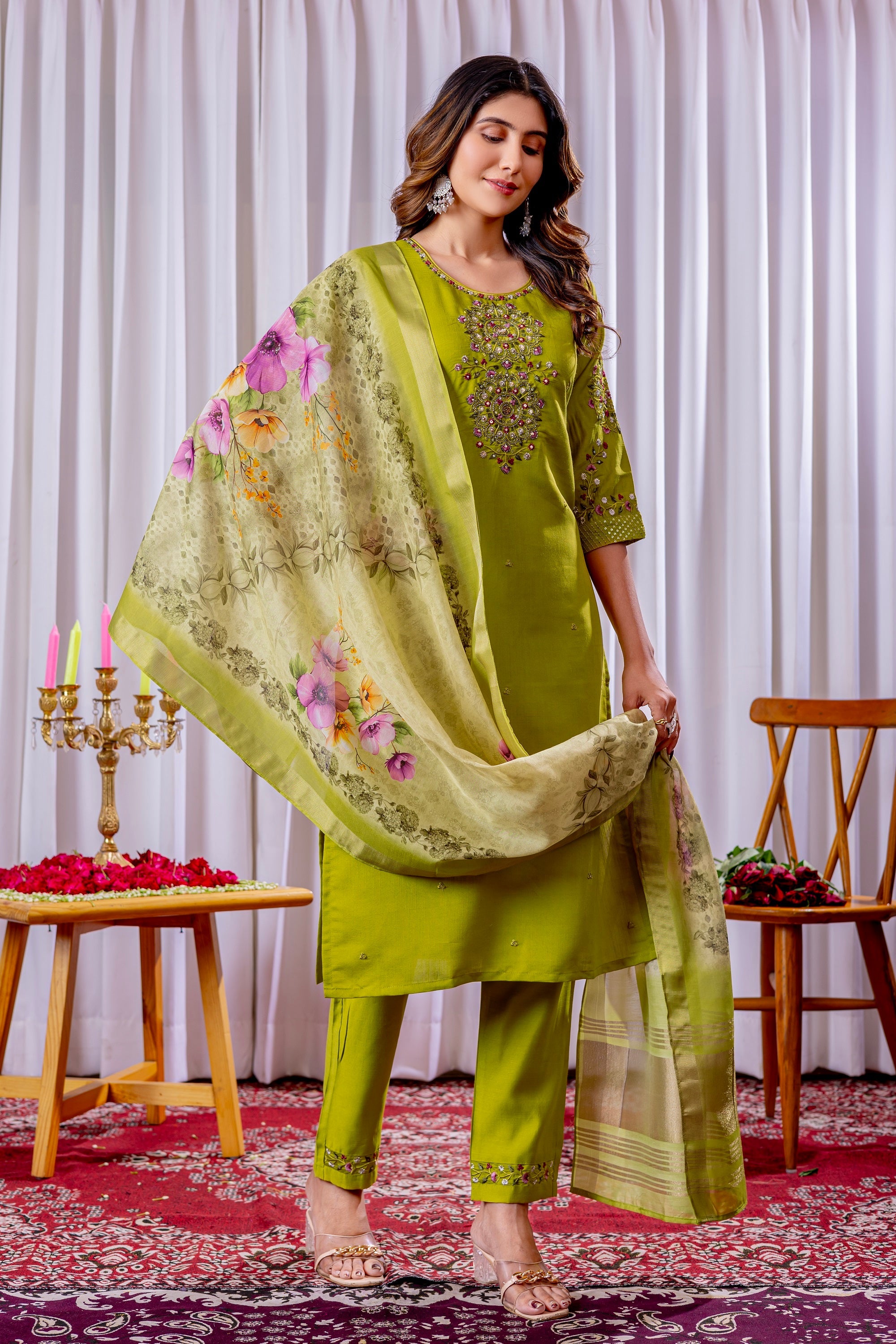 Vedant Vastram Viscose Silk Hand Work & Embroidery Work Stitched Kurta Pant Dupatta Set-Parrot Green