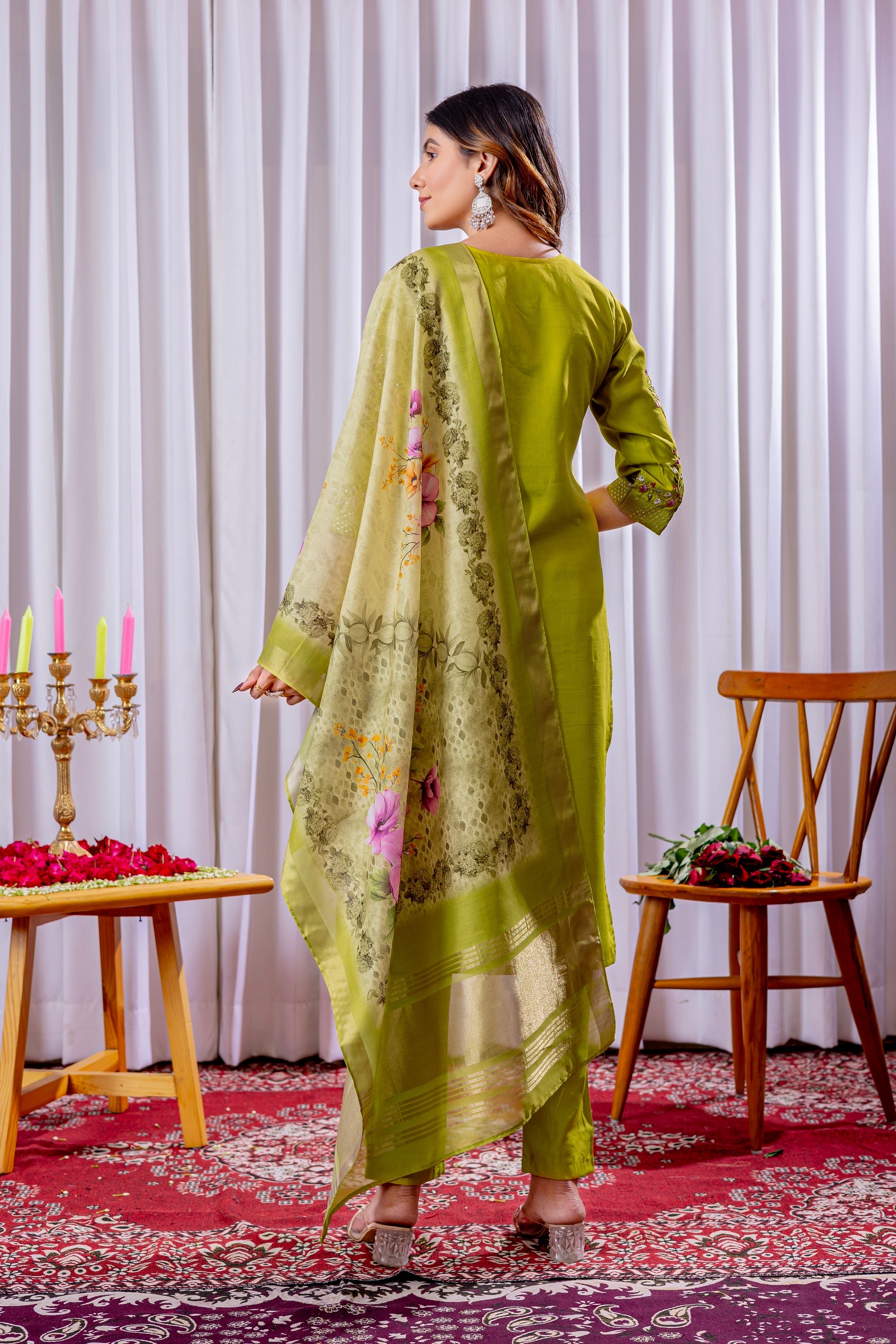 Vedant Vastram Viscose Silk Hand Work & Embroidery Work Stitched Kurta Pant Dupatta Set-Parrot Green